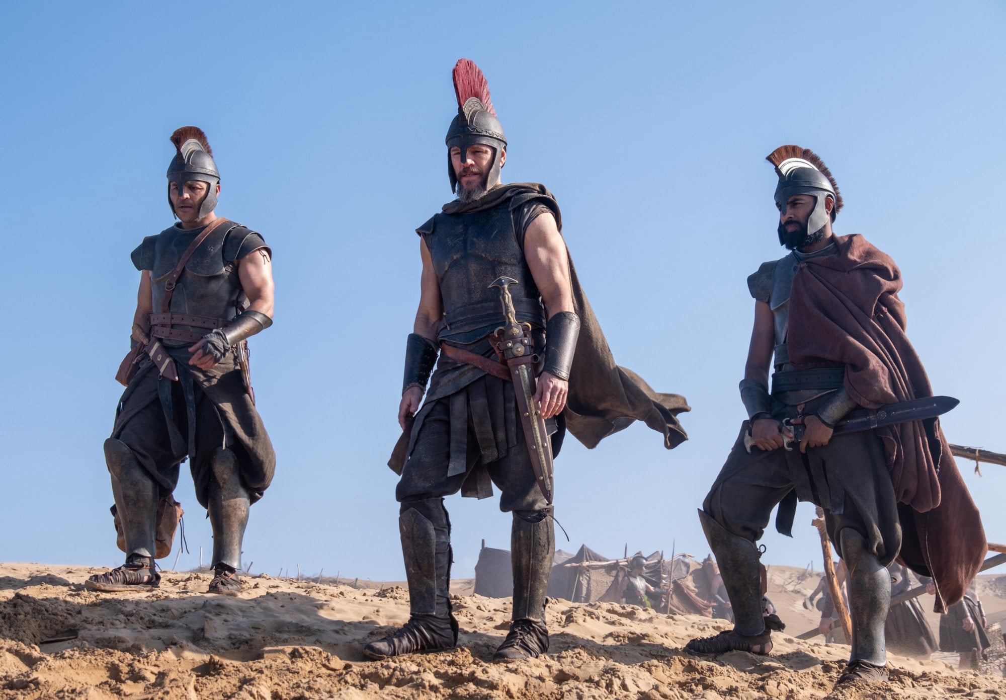 This image, released by Universal Pictures, features, from left, Jimmy Gonzales as Cepheus, Matt Damon as Odysseus, and Himesh Patel as Eurylochus in a scene from “The Odyssey.” Photo: Melinda Sue Gordon/Universal Pictures via AP This image, released by Universal Pictures, features, from left, Jimmy Gonzales as Cepheus, Matt Damon as Odysseus, and Himesh Patel as Eurylochus in a scene from “The Odyssey.” Photo: Melinda Sue Gordon/Universal Pictures via AP