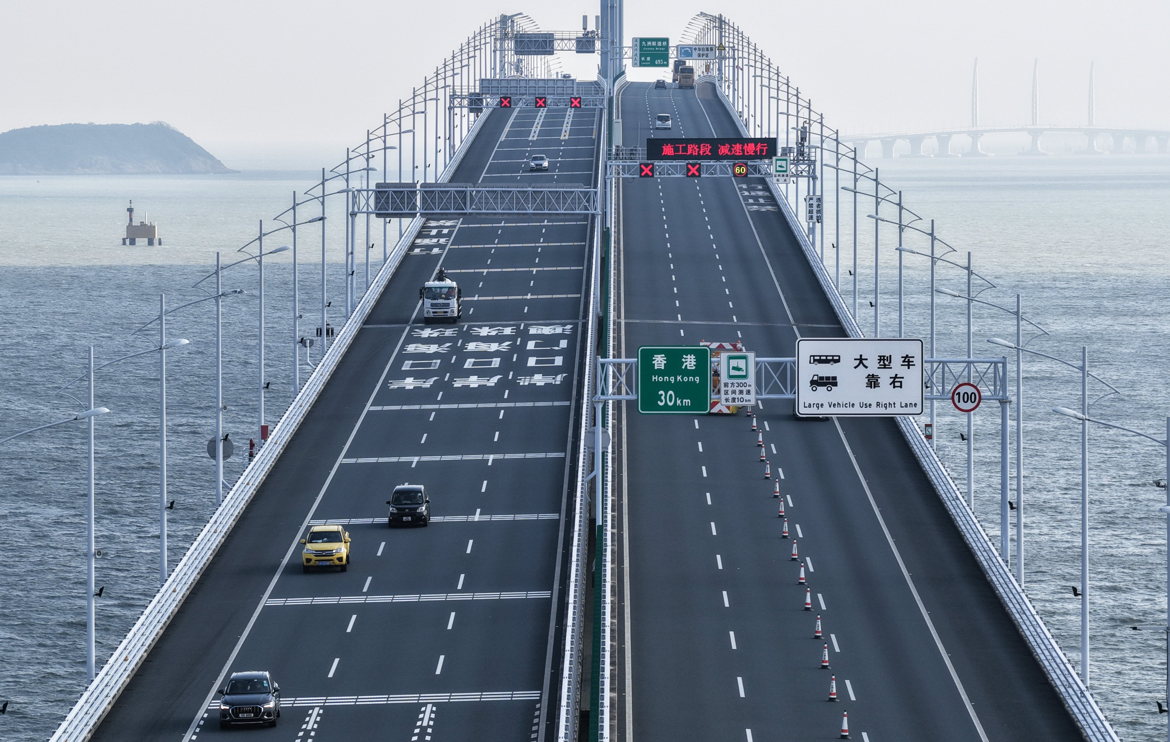 Vehicles running on the Hong Kong-Zhuhai-Macau Bridge on October 22. The three cities are part of the Greater Bay Area development zone. Photo: Xinhua