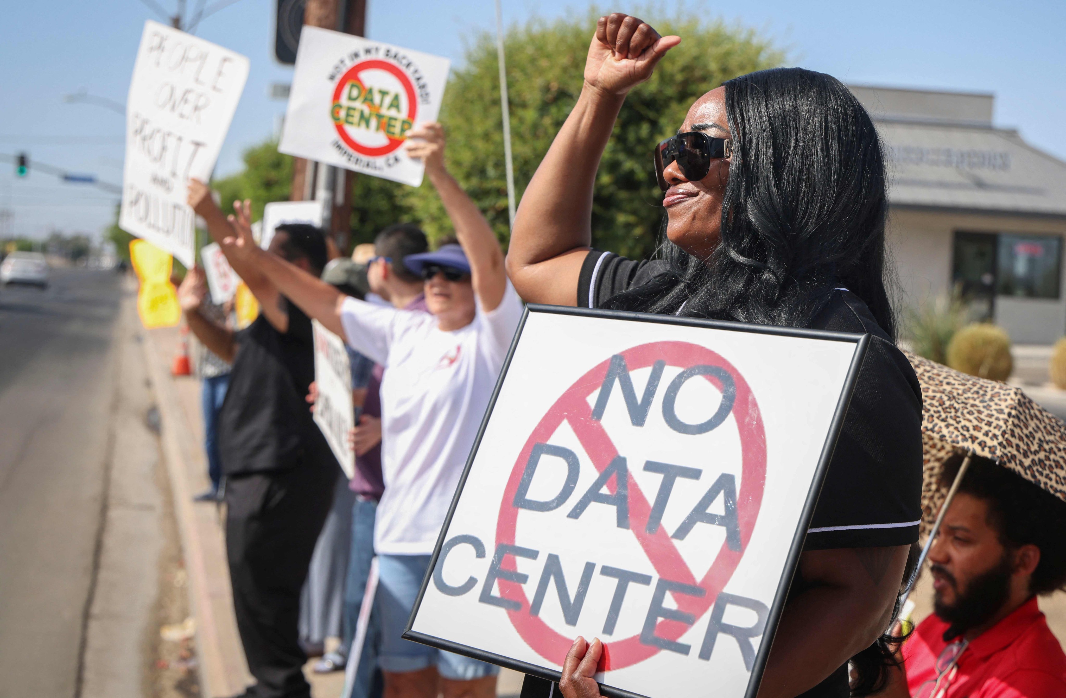 Demonstrators take part in a nationwide protest against AI data centre expansion in Imperial, California, on July 18. US President Trump says China is backing popular resistance to data centres. Photo: AFP