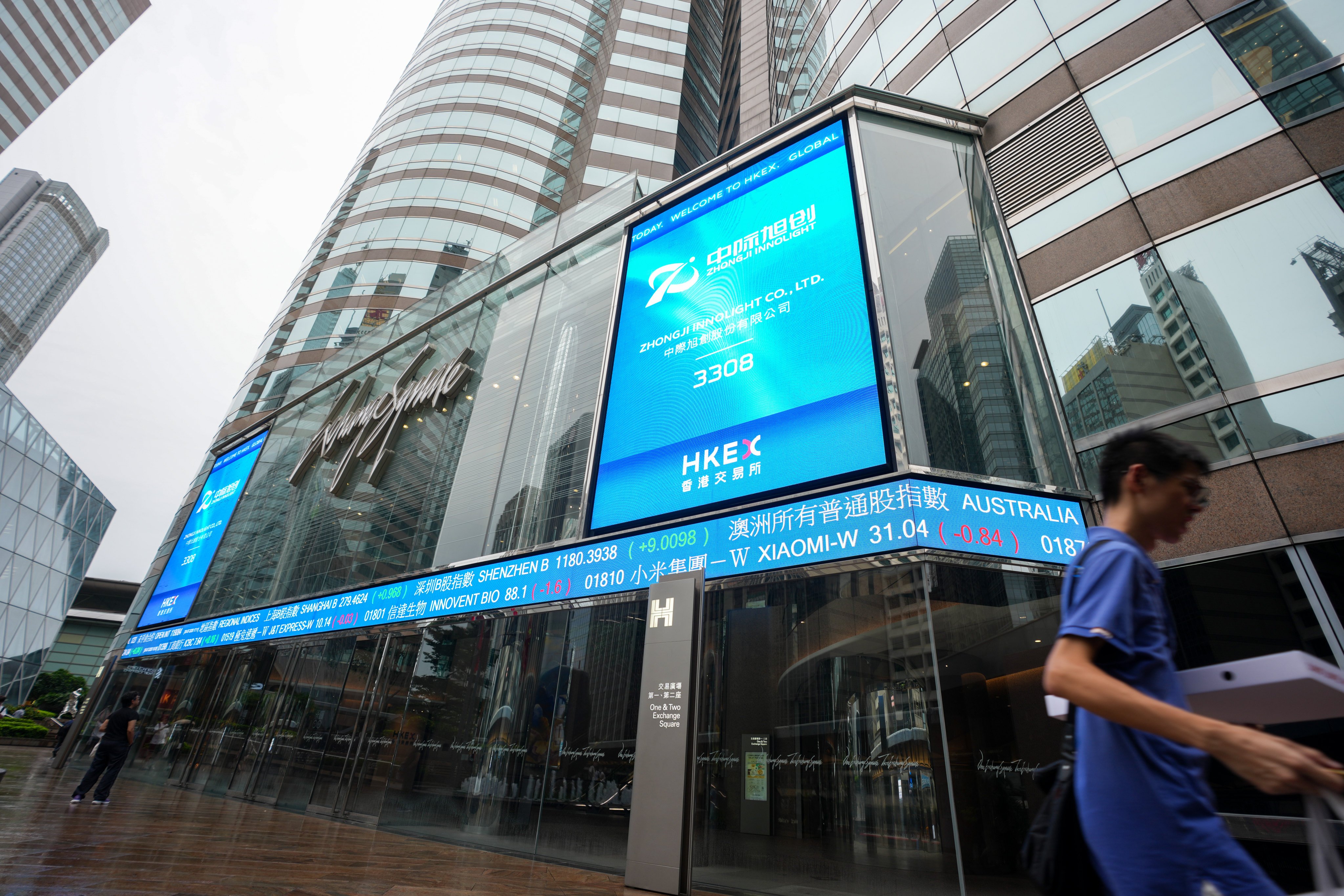 The stock code of Zhongji Innolight is displayed in Exchange Square, Central, after its Hong Kong listing. Photo: Sam Tsang