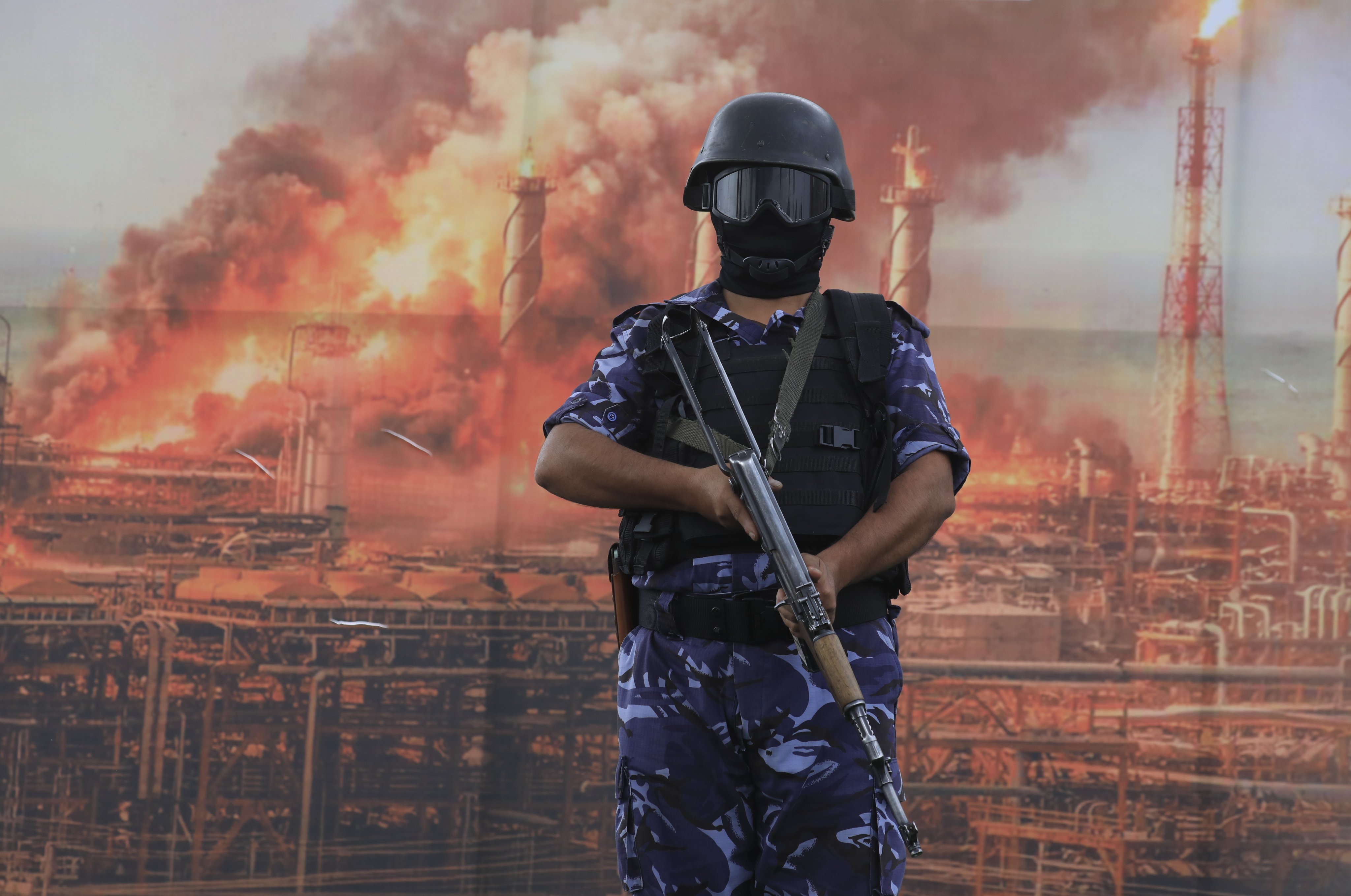 A Houthi trooper stands guard during a protest against Saudi Arabia in Sanaa, Yemen, on Friday. Yemeni officials blamed Tuesday’s ship attack on the Iran-backed militants. Photo: EPA