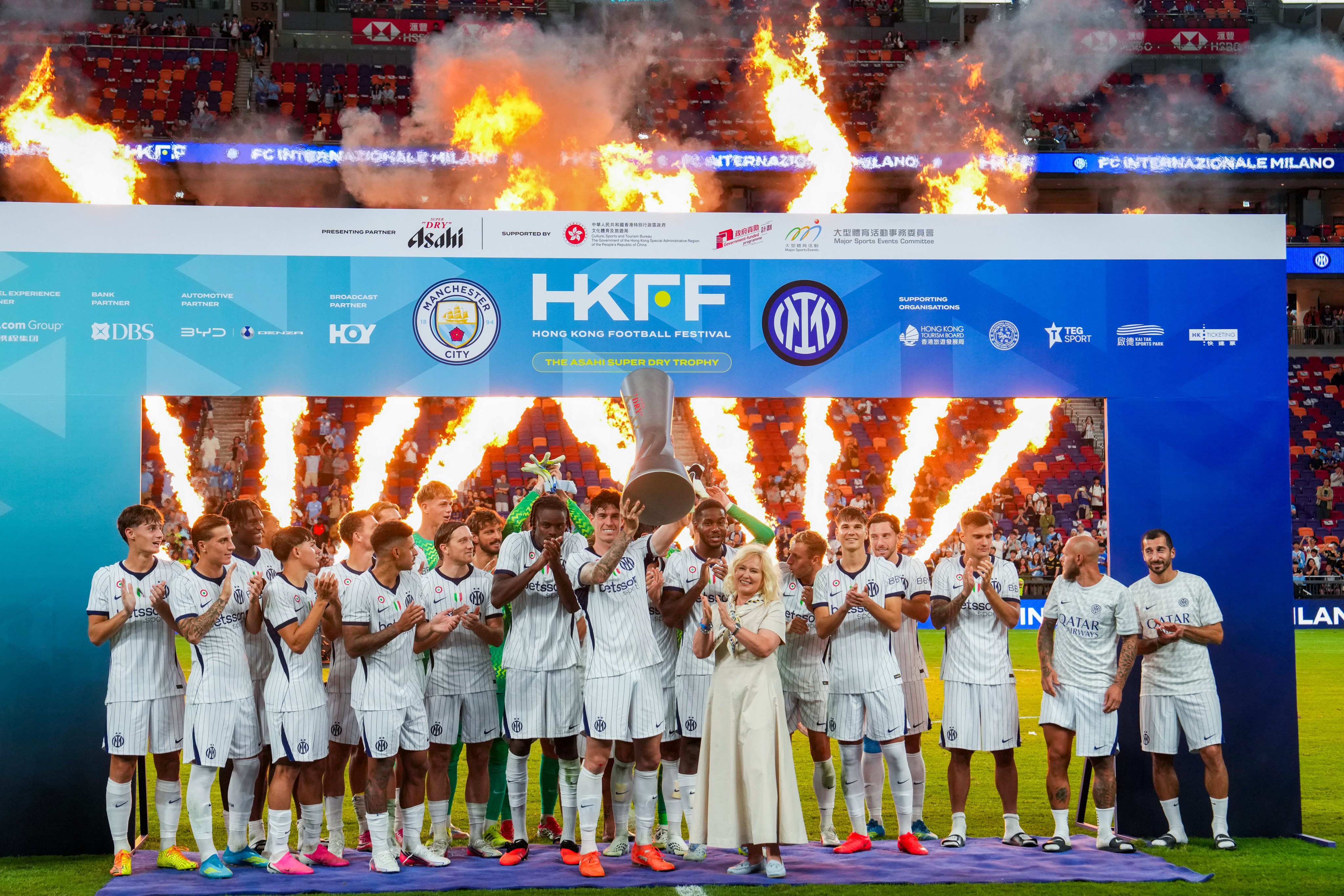 Inter Milan players celebrate after beating Manchester City on penalties at Kai Tak Stadium. Photo: Elson Li