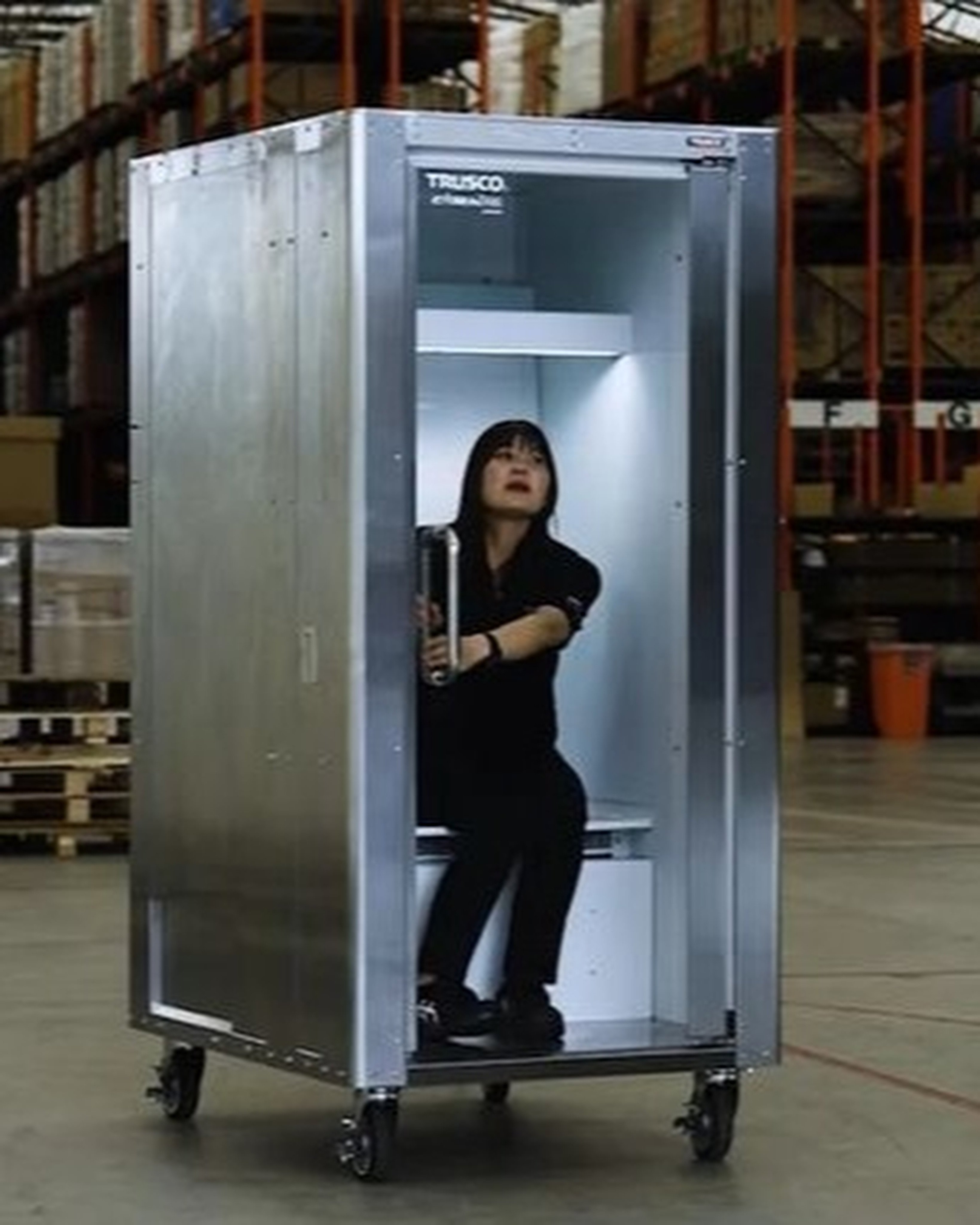 Trusco’s “Do Hiemon Box” is a single-person cooling booth designed to protect workers from extreme summer heat. Photo: Instagram/cheda.pick