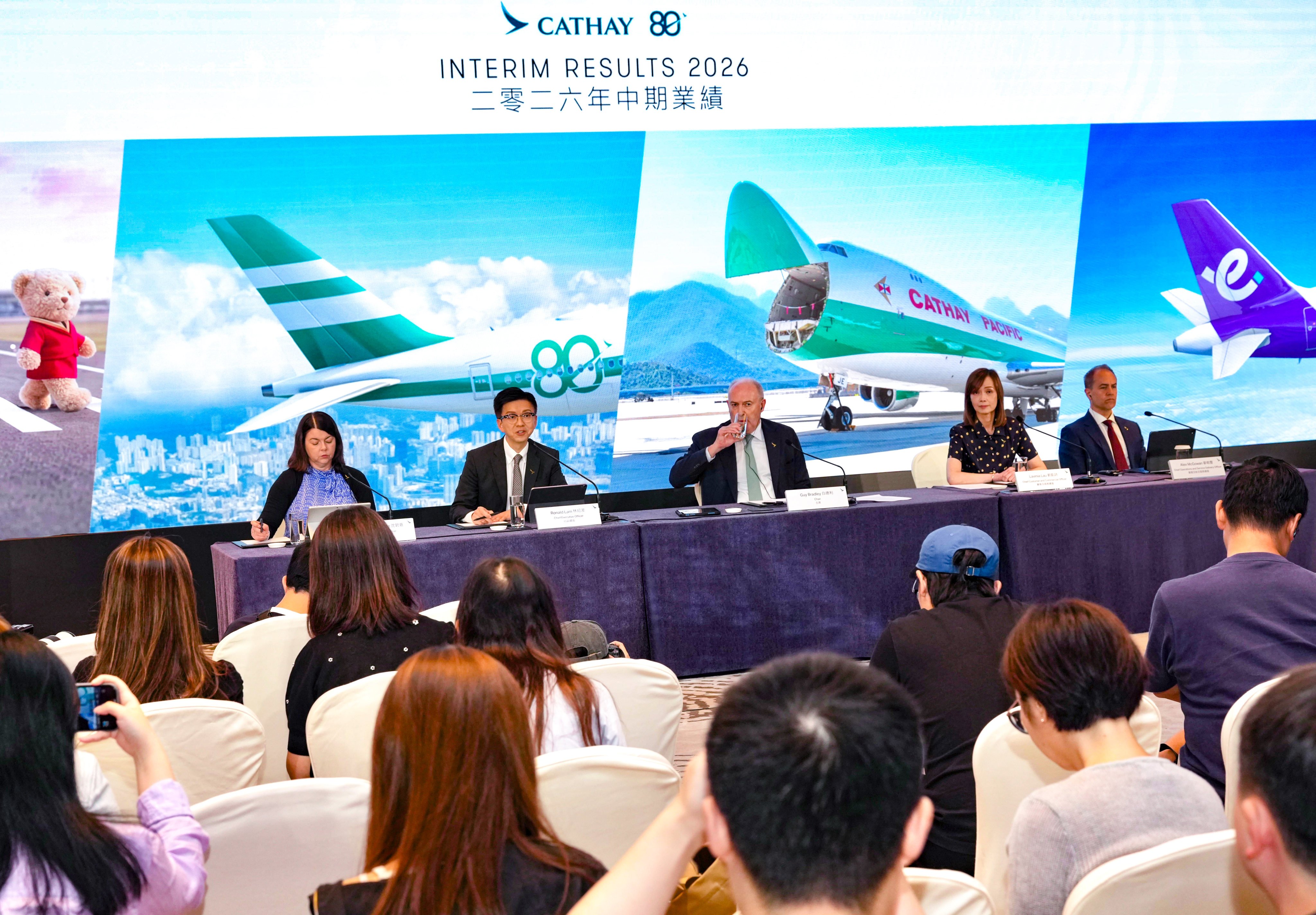 (From left) Cathay chief financial officer Rebecca Sharpe, CEO Ronald Lam Siu-por, chairman Guy Bradley, chief customer and commercial officer Lavinia Lau Hoi-zee and chief operations and service delivery officer Alex McGowan deliver the results. Photo: Karma Lo