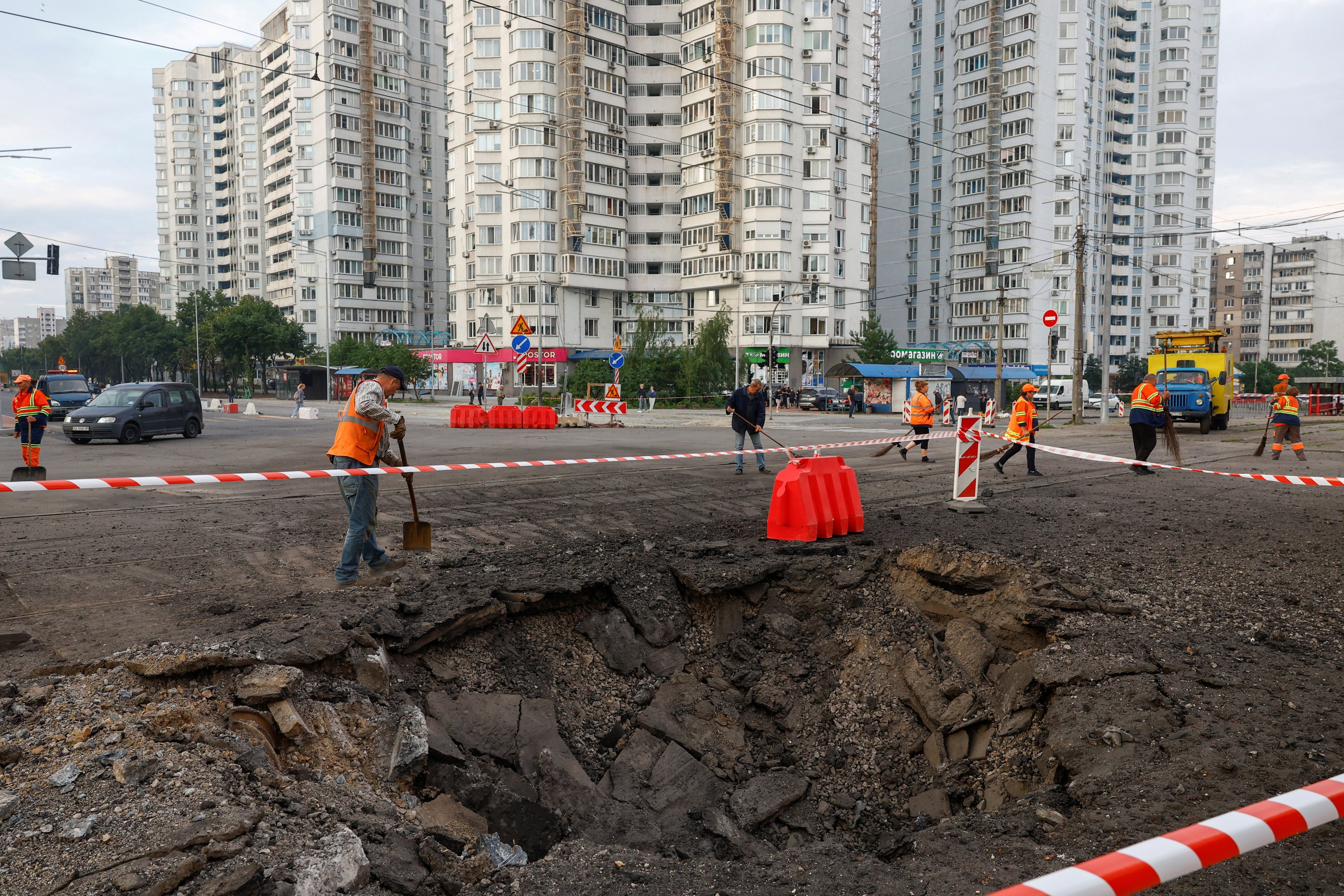A crater in Kyiv after Russian missile strikes in July. Photo: Reuters