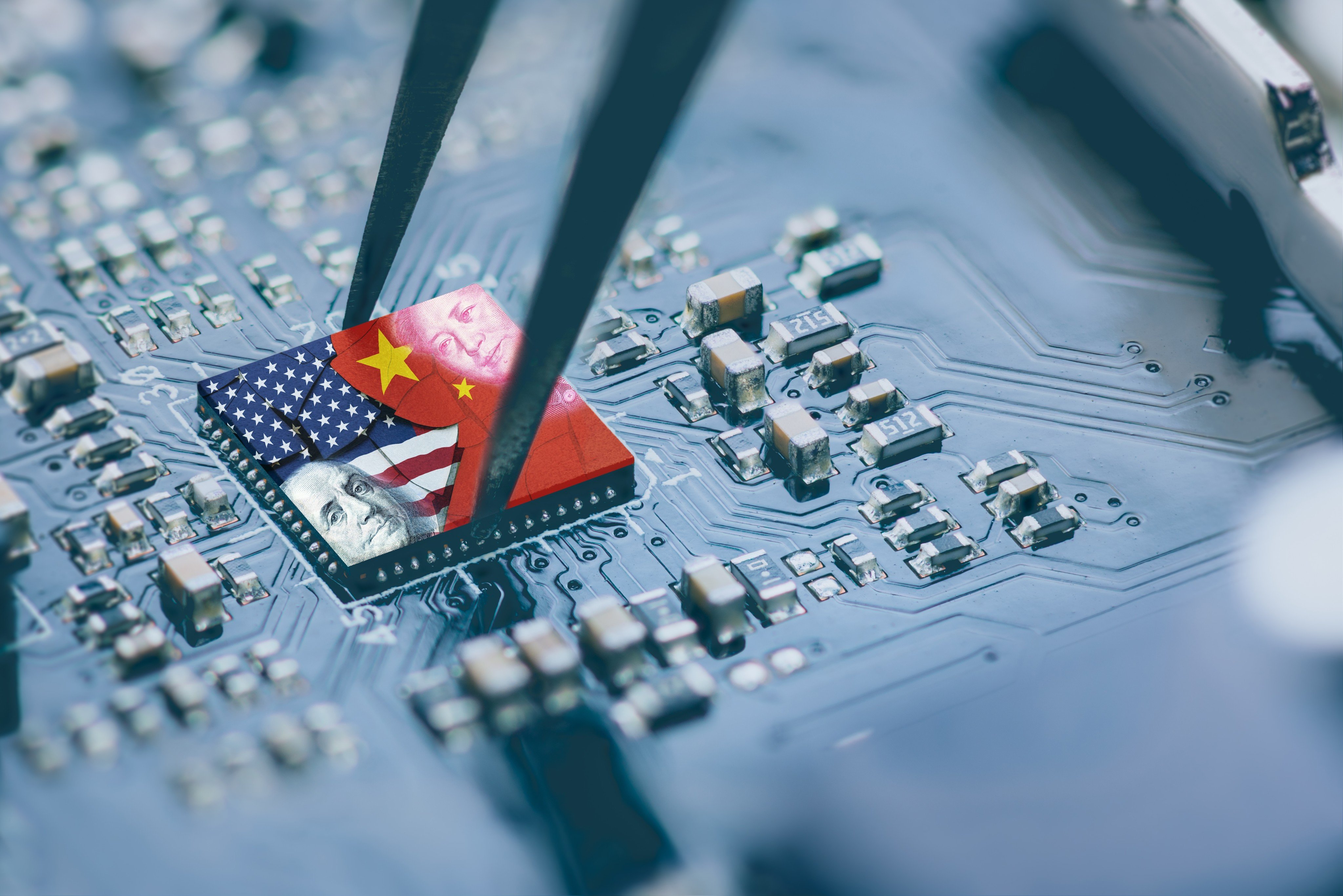 The flags of the US and China on a motherboard. Photo: Shutterstock