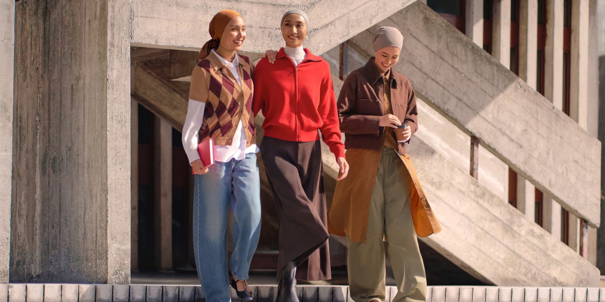 Models pair Uniqlo Malaysia hijabs with other items from the modest-wear line. Photo: Uniqlo Malaysia