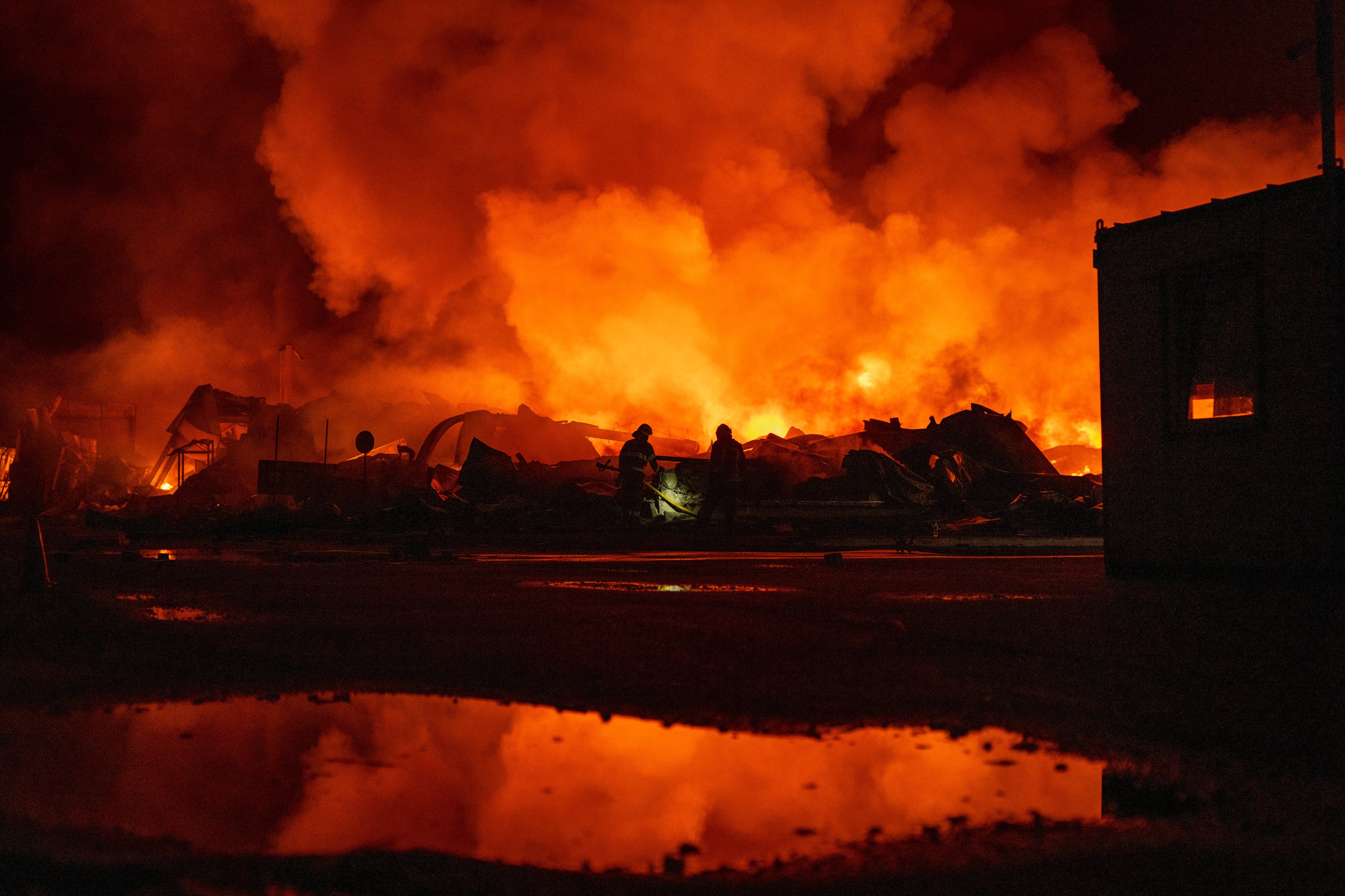 A warehouse in Kyiv on fire after a missile strike on Wednesday. Photo: AP