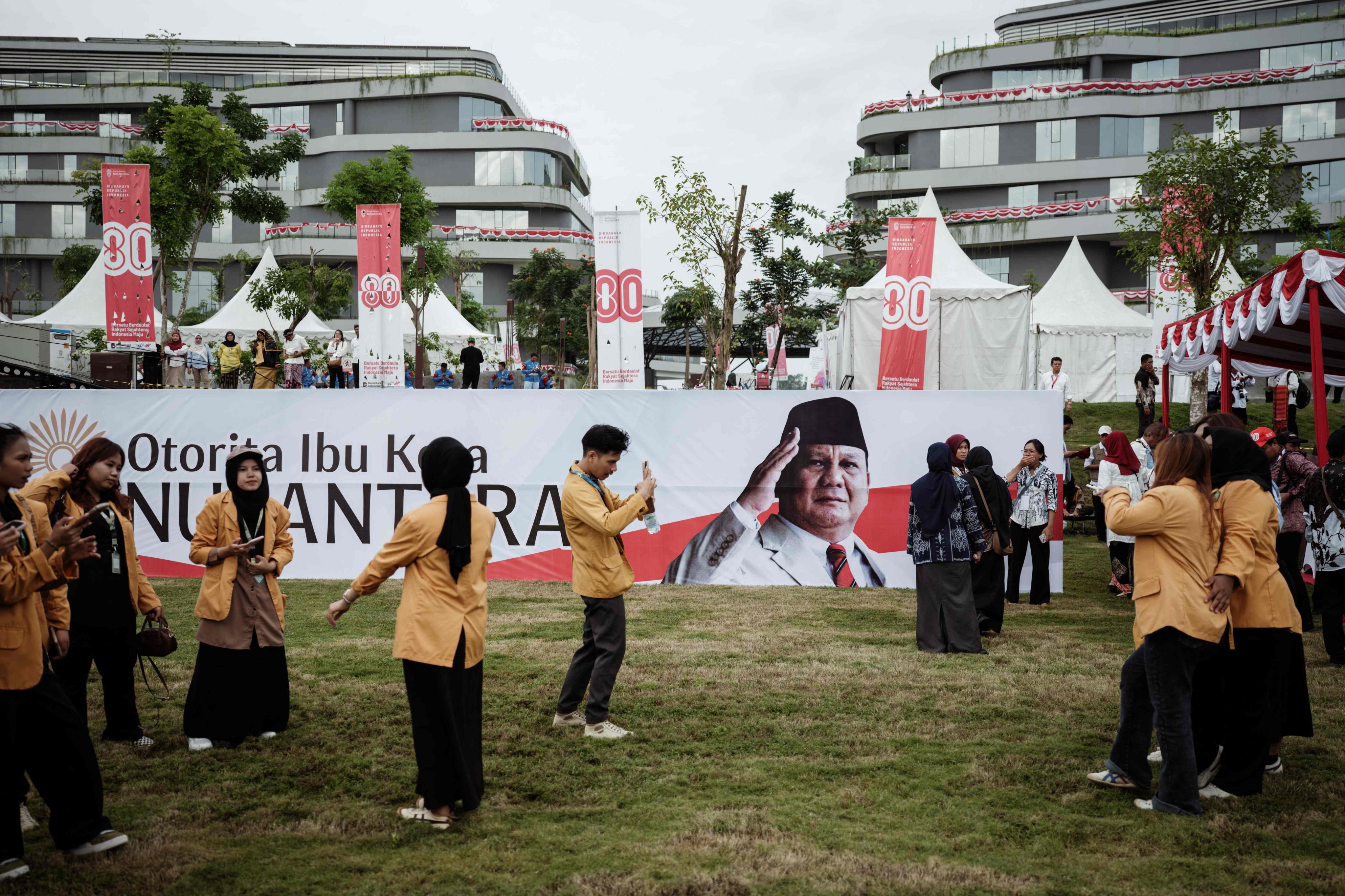A banner bearing a portrait of Indonesia’s President Prabowo Subianto is seen during a ceremony marking Indonesia’s 80th Independence Day at the Ceremonial Plaza in Nusantara on August 17 last year. Photo: AFP