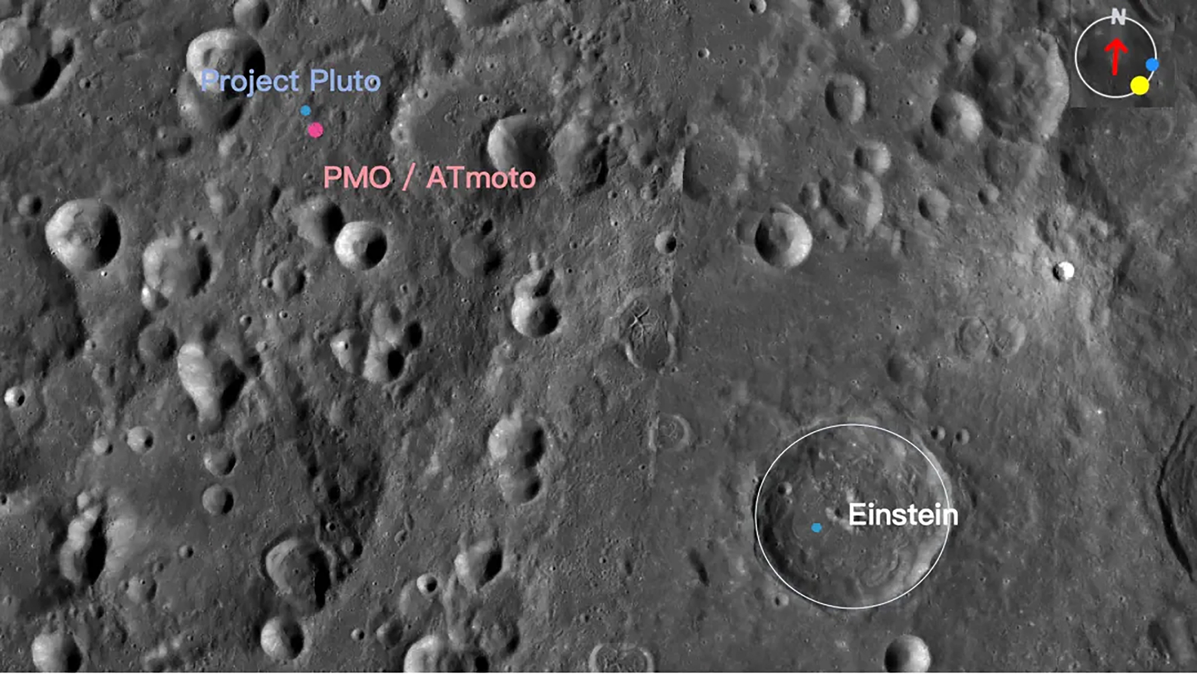 An image of the moon’s surface shows the estimated impact sites for the SpaceX rocket debris according to Chinese firm ATmoto Technology (pink) and Project Pluto (blue). Photo: QQ.com