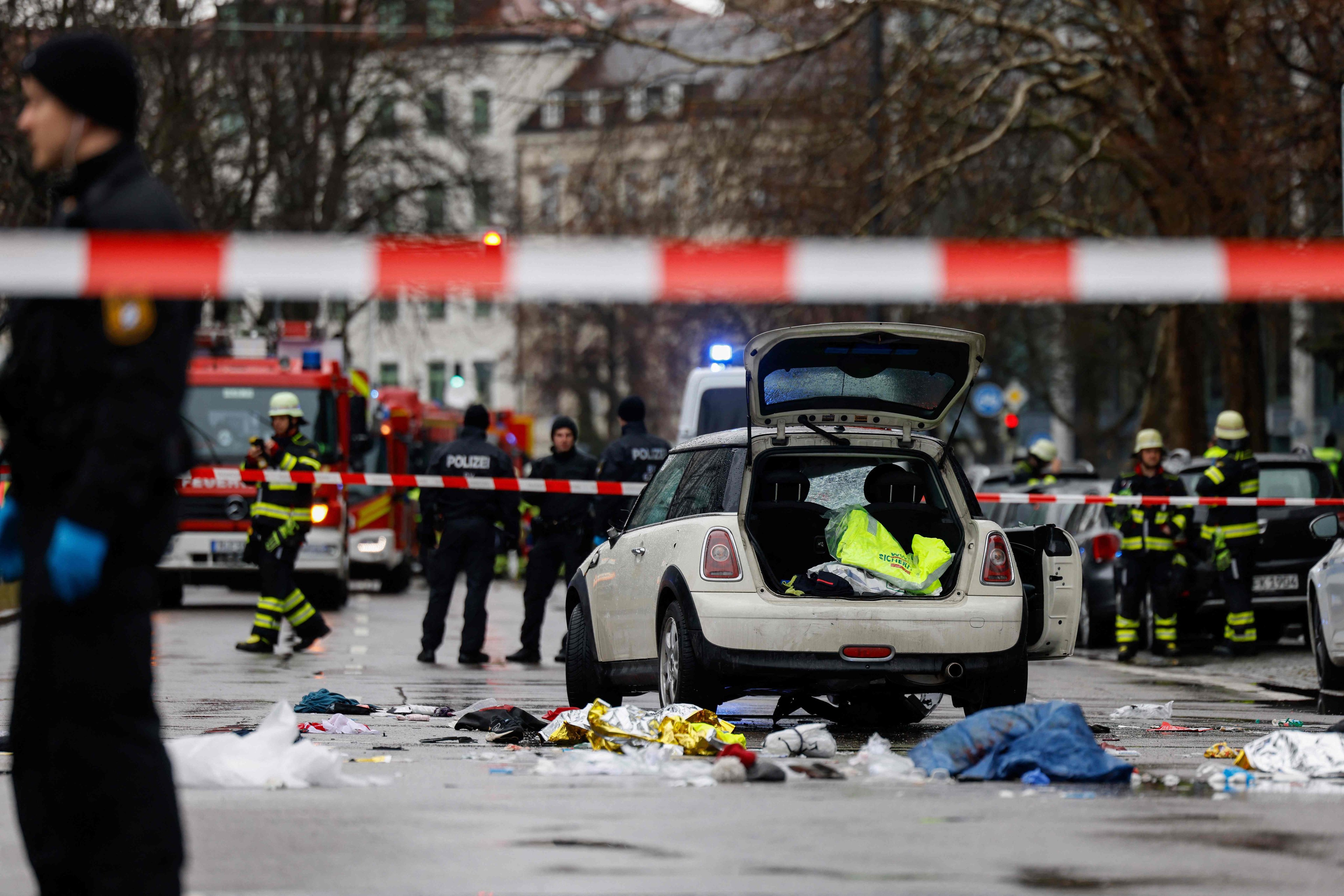Members of the emergency services work at the scene where a car drove into a crowd in the southern German city of Munich on February 13, 2025 leaving several people injured, police said. Photo: AFP