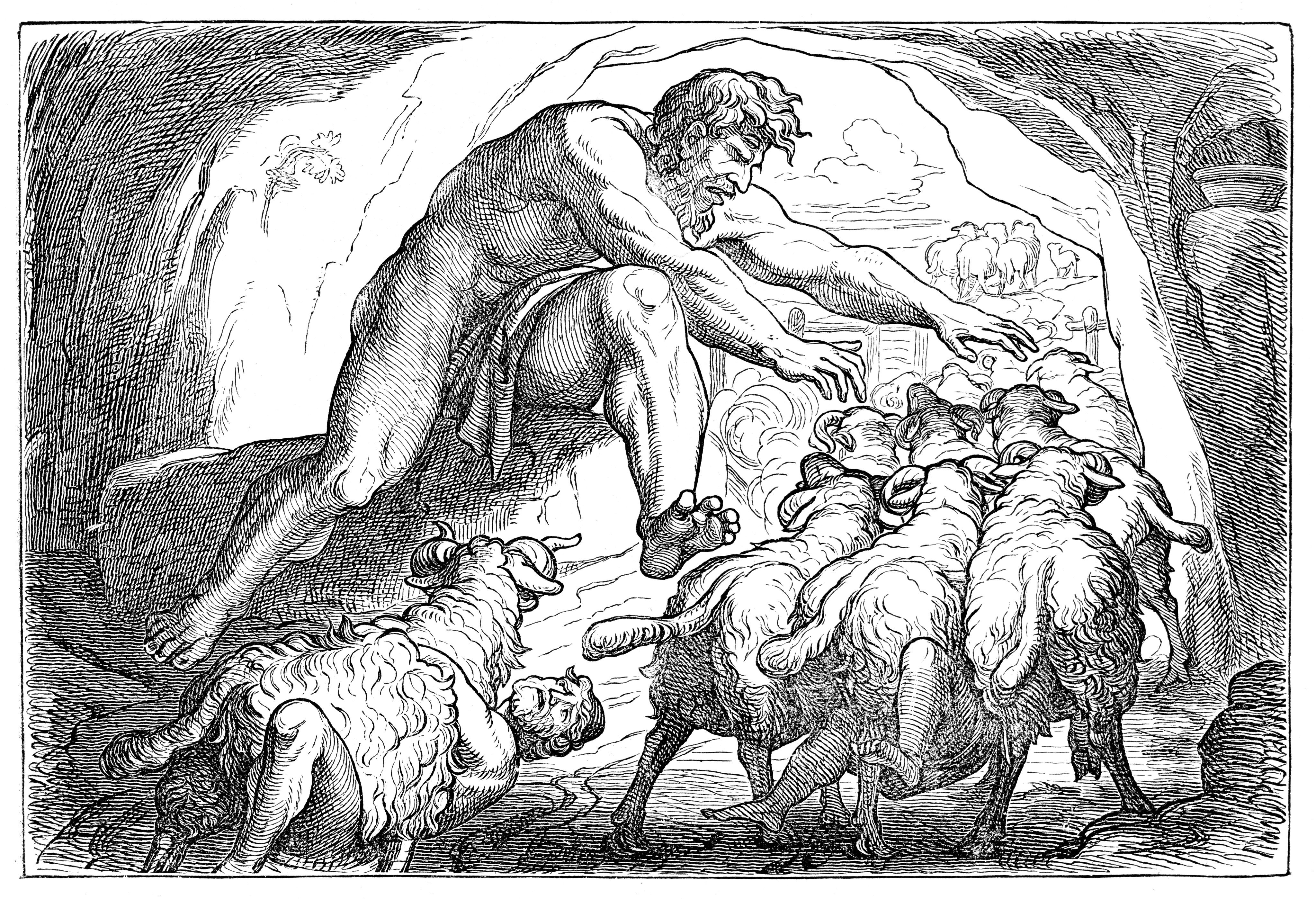 An image of Polyphemus, a cyclops who found Odysseus and his men in his cave in Homer’s The Odyssey.
Image: Weltgeschichte 1898