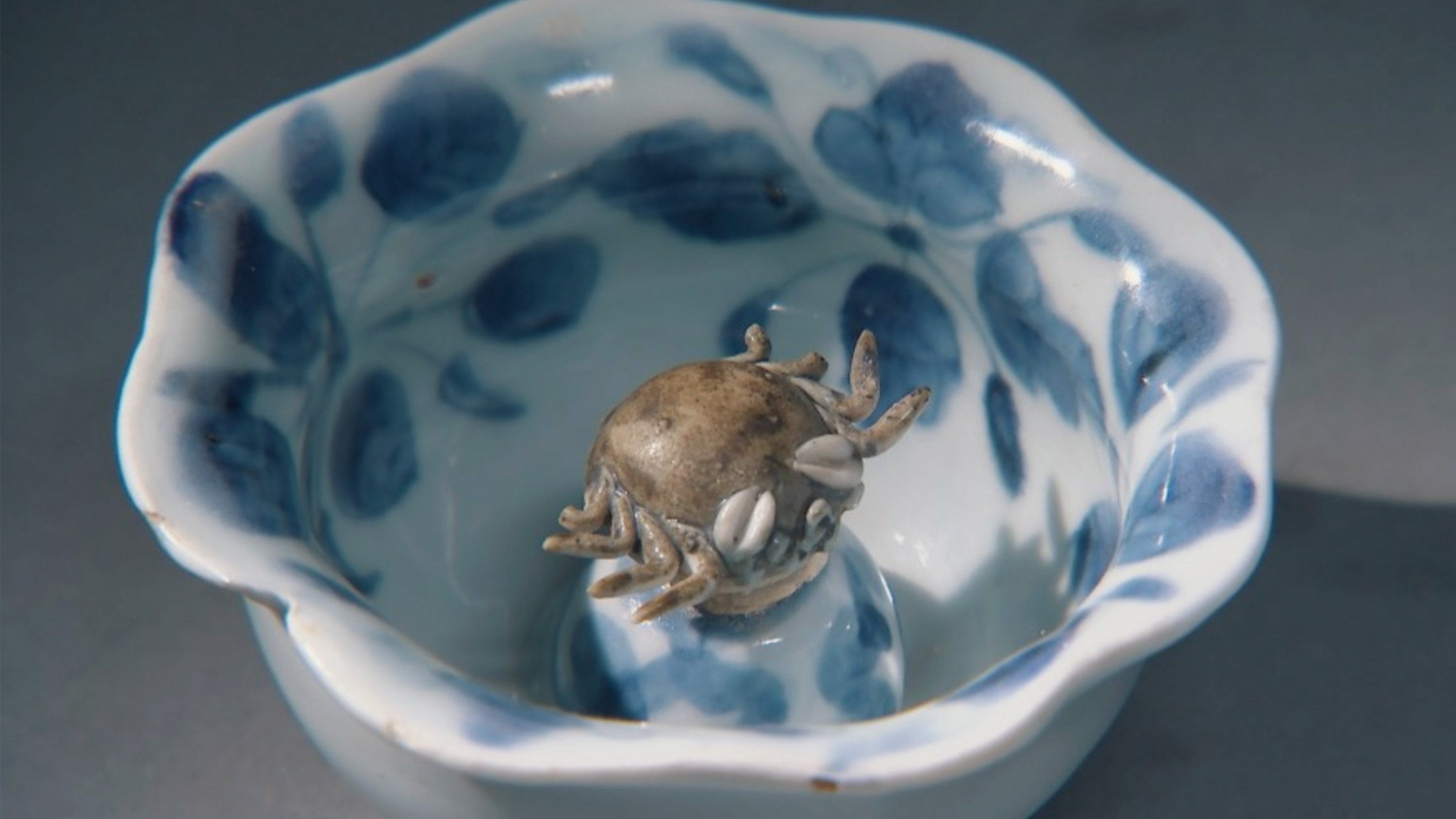 A collector of a floating crab cup replica shared that using the cup to drink tea brings him "a sense of healing" as he watches the crab gently float. Photo: CCTV
