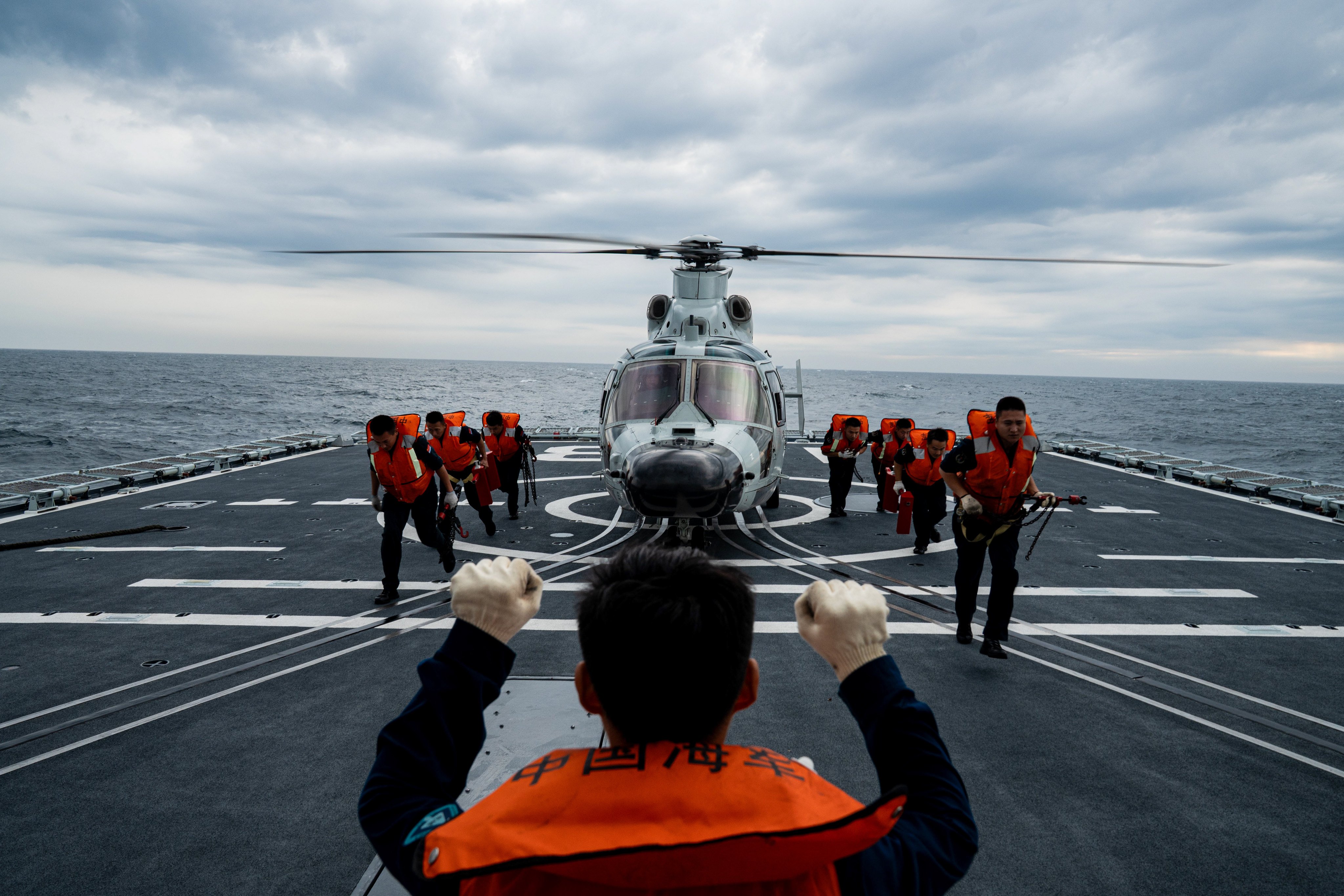 A helicopter prepares to take off from the Chinese warship Anshan during China and Russia’s “Joint Sea-2026” exercise. Photo: Xinhua