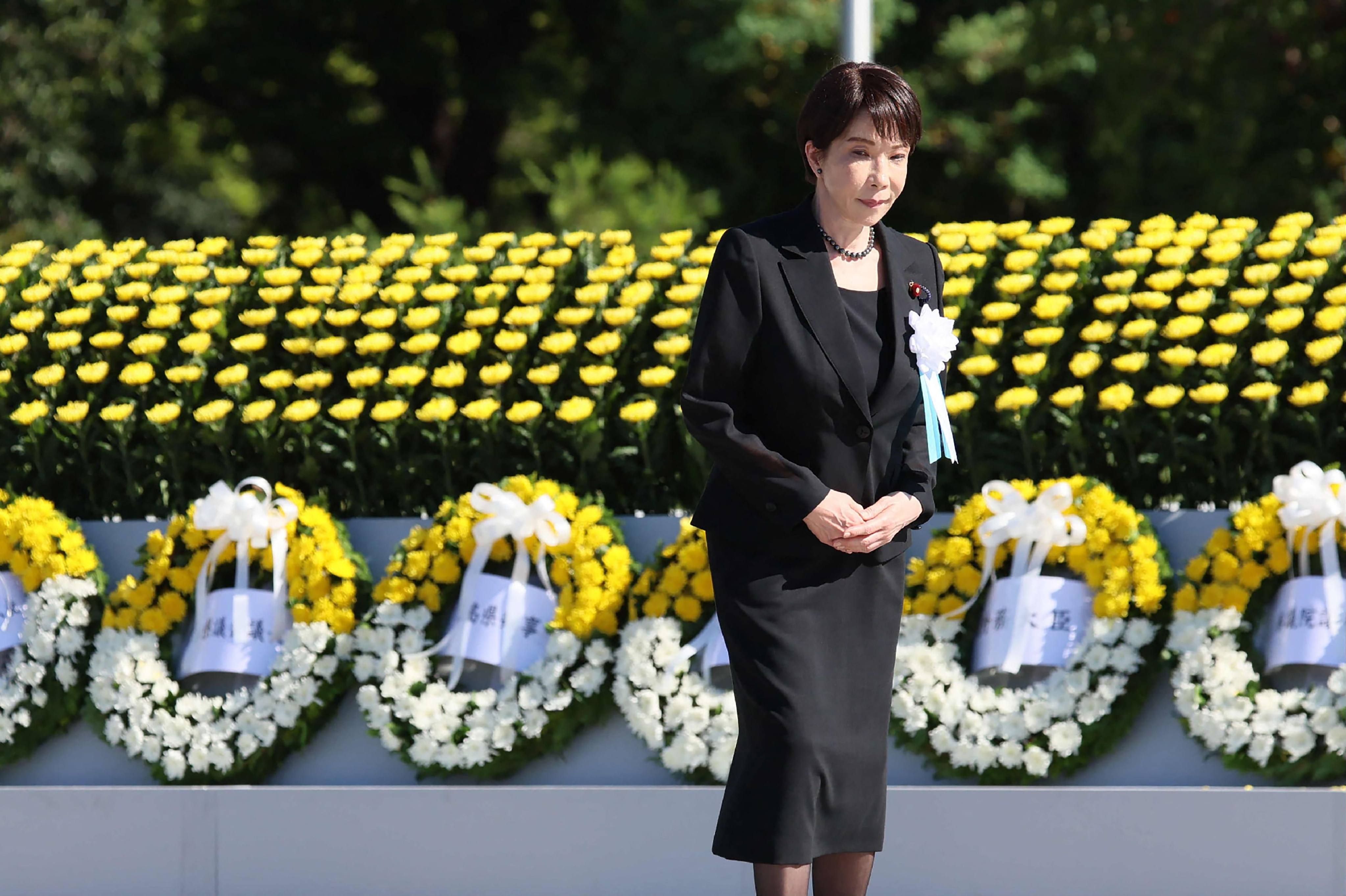 Japanese Prime Minister Sanae Takaichi looks on during a memorial at the Peace Memorial Ceremony, on the 81st anniversary of the dropping of the atomic bomb, at the Peace Memorial Park in Hiroshima. Photo: JIJI Press / AFP