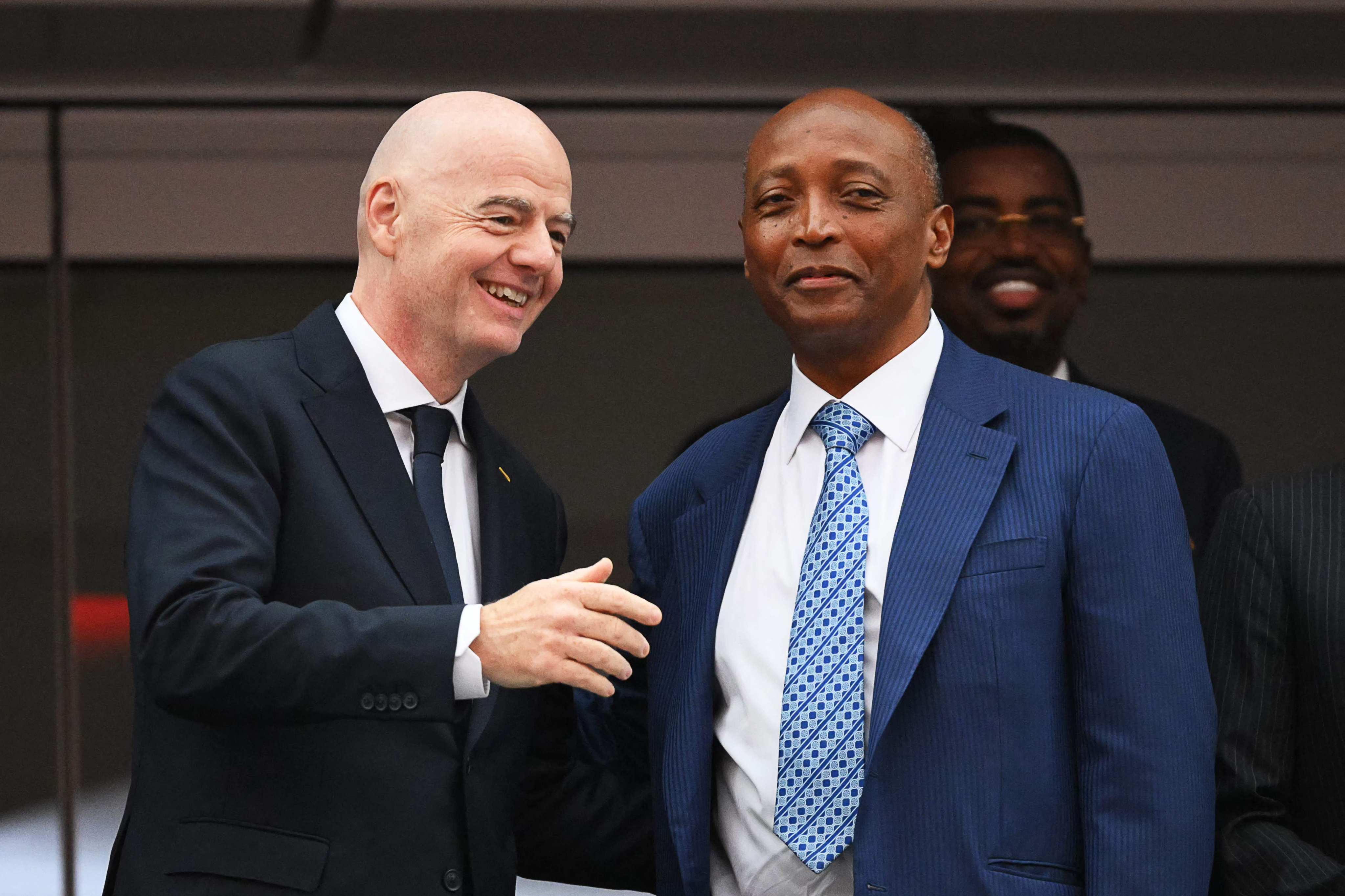 Fifa president Gianni Infantino (left) shares a light-hearted moment with Confederation of African Football president Patrice Motsepe at the World Cup. Photo: AFP