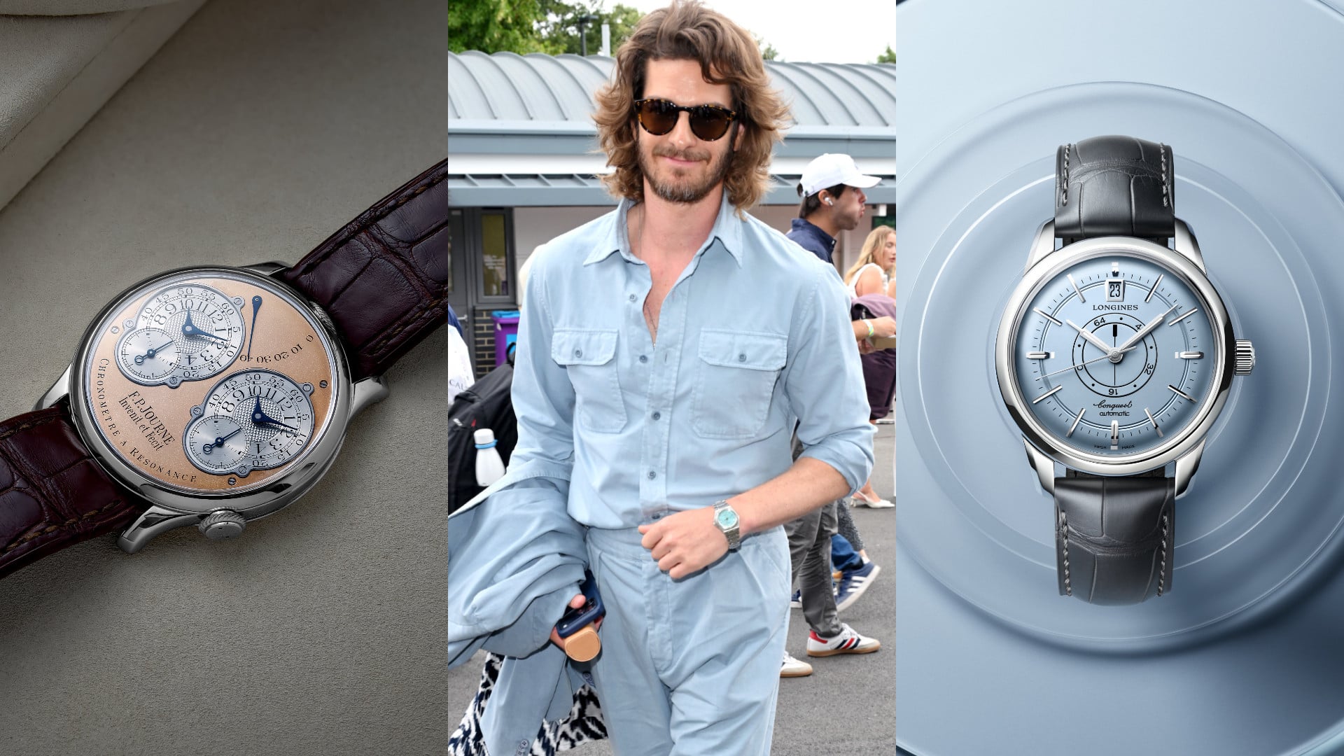 Phillips is auctioning a pre-production F.P. Journe; Andrew Garfield sports the IWC Ingenieur 35 Pool Blue at Wimbledon; Longines releases the Conquest Heritage Central Power Reserve in light blue. Photos: Wirelmage; Handouts