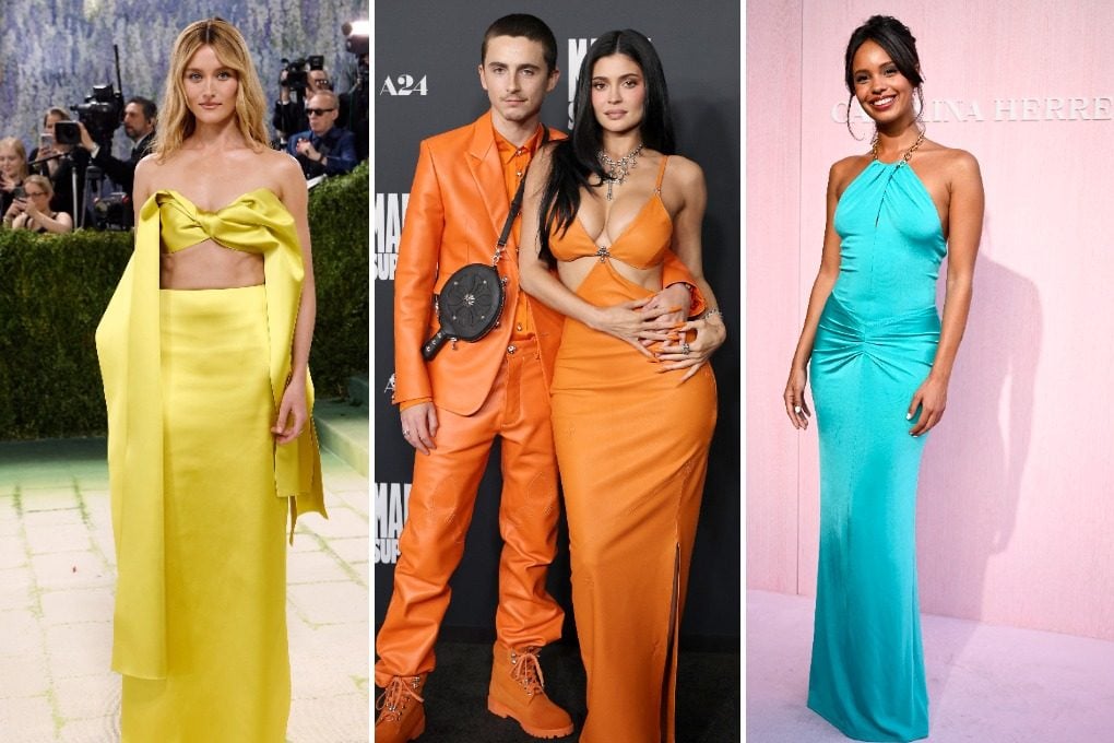 American actress Sarah Pidgeon attends the 2026 Met Gala on May 4, 2026, in New York, in Loewe’s bandeau scarf top and column skirt in a chartreuse matt satin. Photo: Getty Images
Timothée Chalamet and Kylie Jenner rocking orange looks as they attend the Los Angeles premiere of Marty Supreme in Beverly Hills, California, in December 2025. Photo: Getty Images
Norwegian actress Alisha Boe, of 13 Reasons Why fame, in turquoise at the Carolina Herrera spring/summer 2026 fashion show in Madrid, Spain, in September 2025. Photo: Getty Images