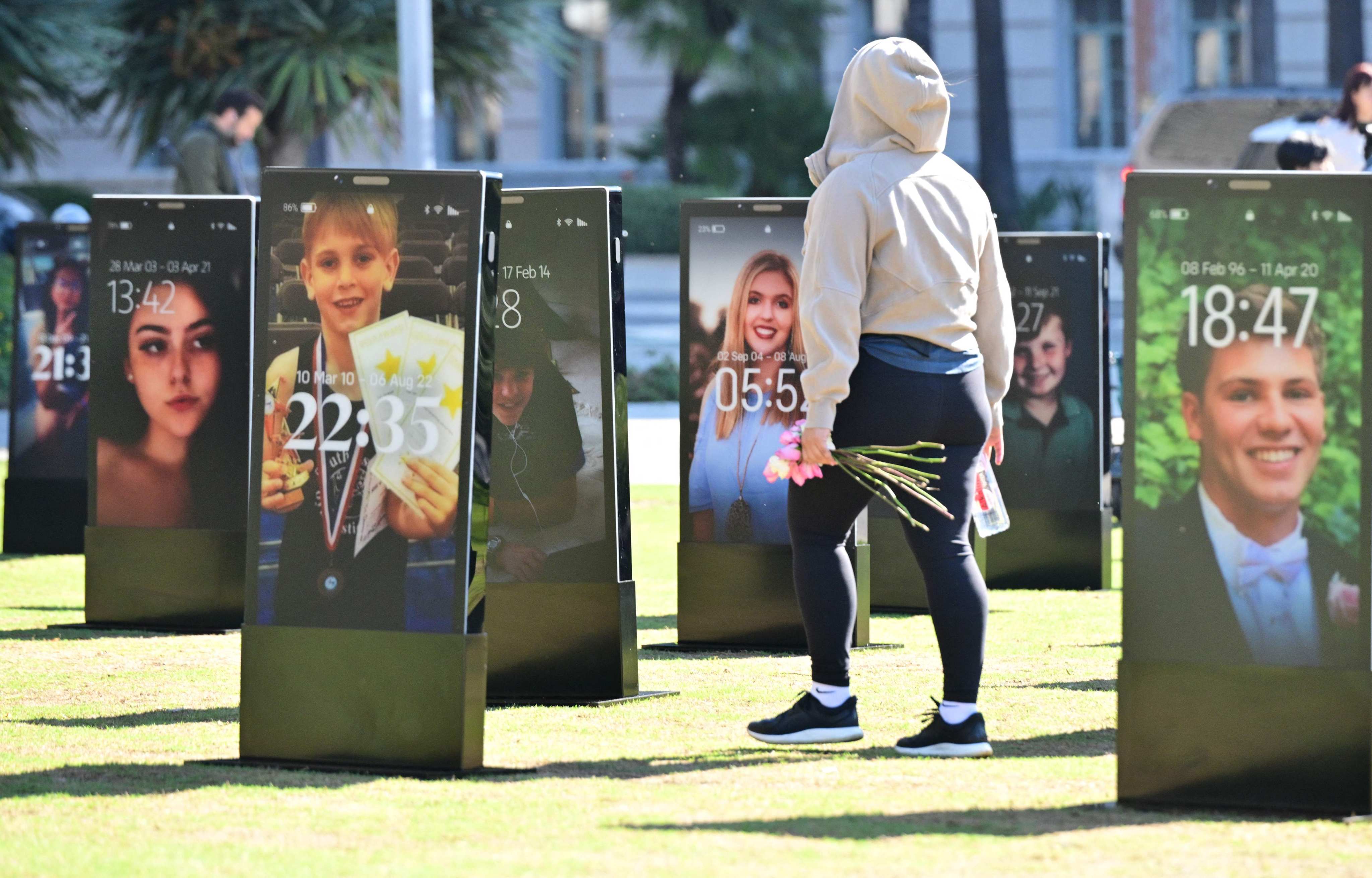 An art installation in Los Angeles highlights the dangers young people face online. Meta has been ordered by a US judge to pay US$567 million over child safety harms. Photo: AFP