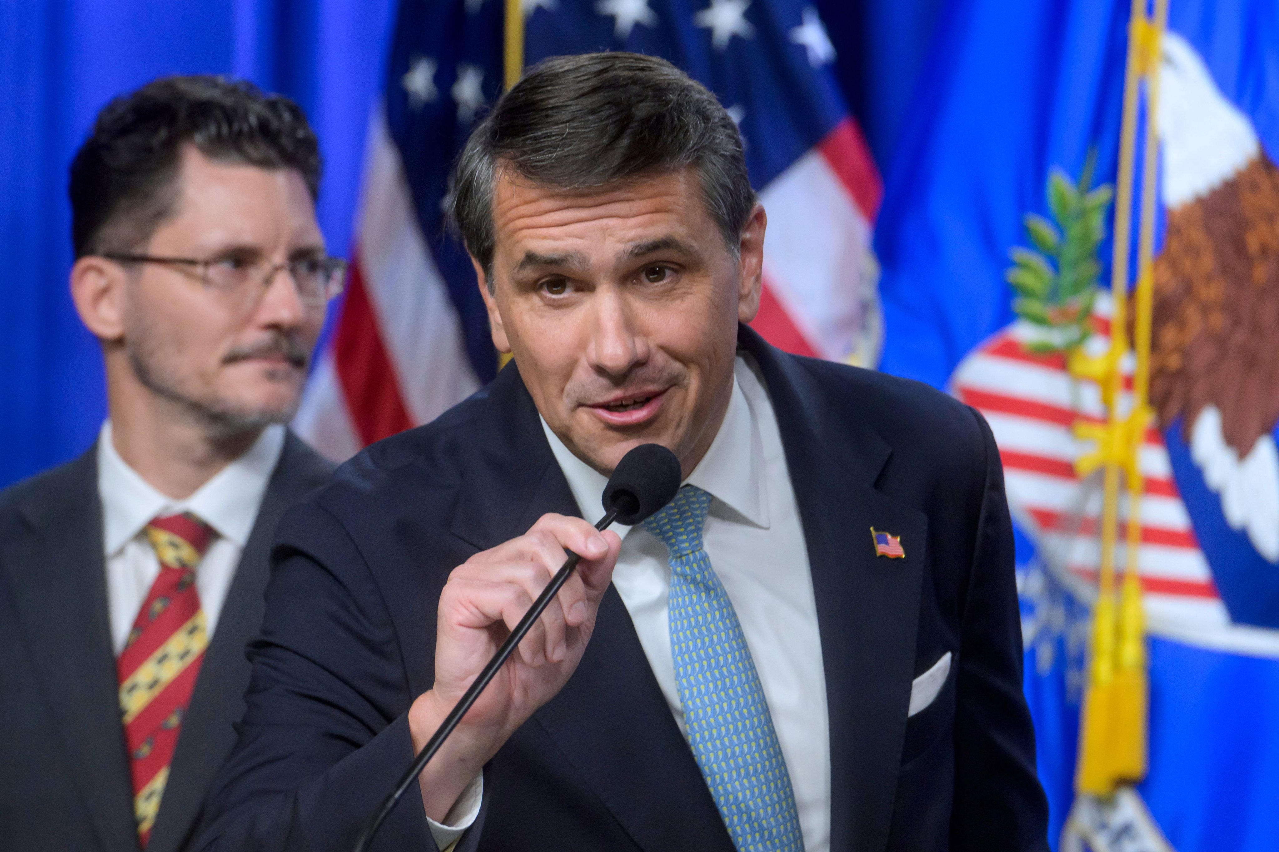 US Acting Attorney General Todd Blanche speaks during a news conference at the Department of Justice in Washington on Wednesday. Photo: AP