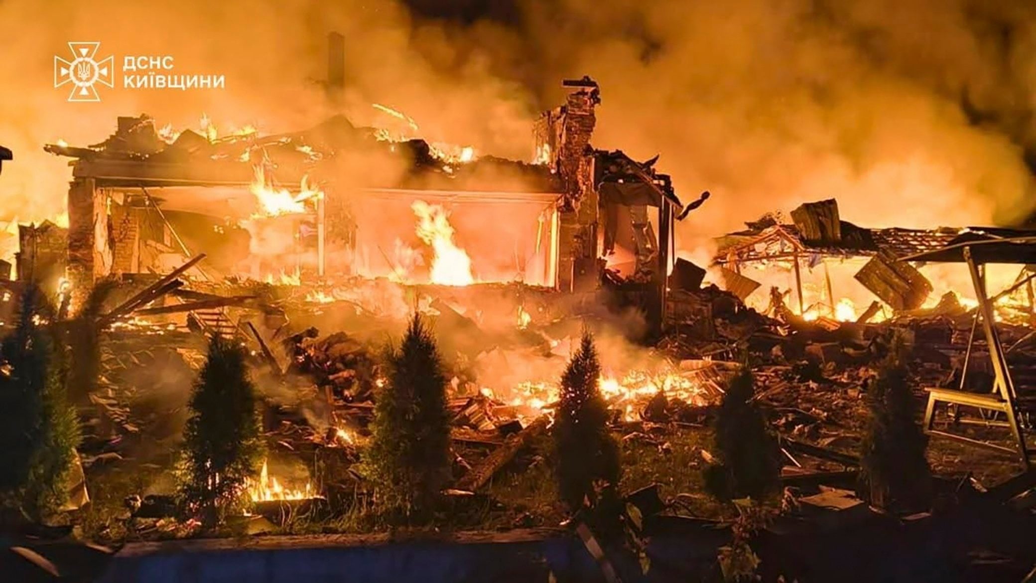 The site of an overnight Russian strike on the Ukrainian village of Pukhivka near Kyiv on Saturday. Photo: Handout via EPA