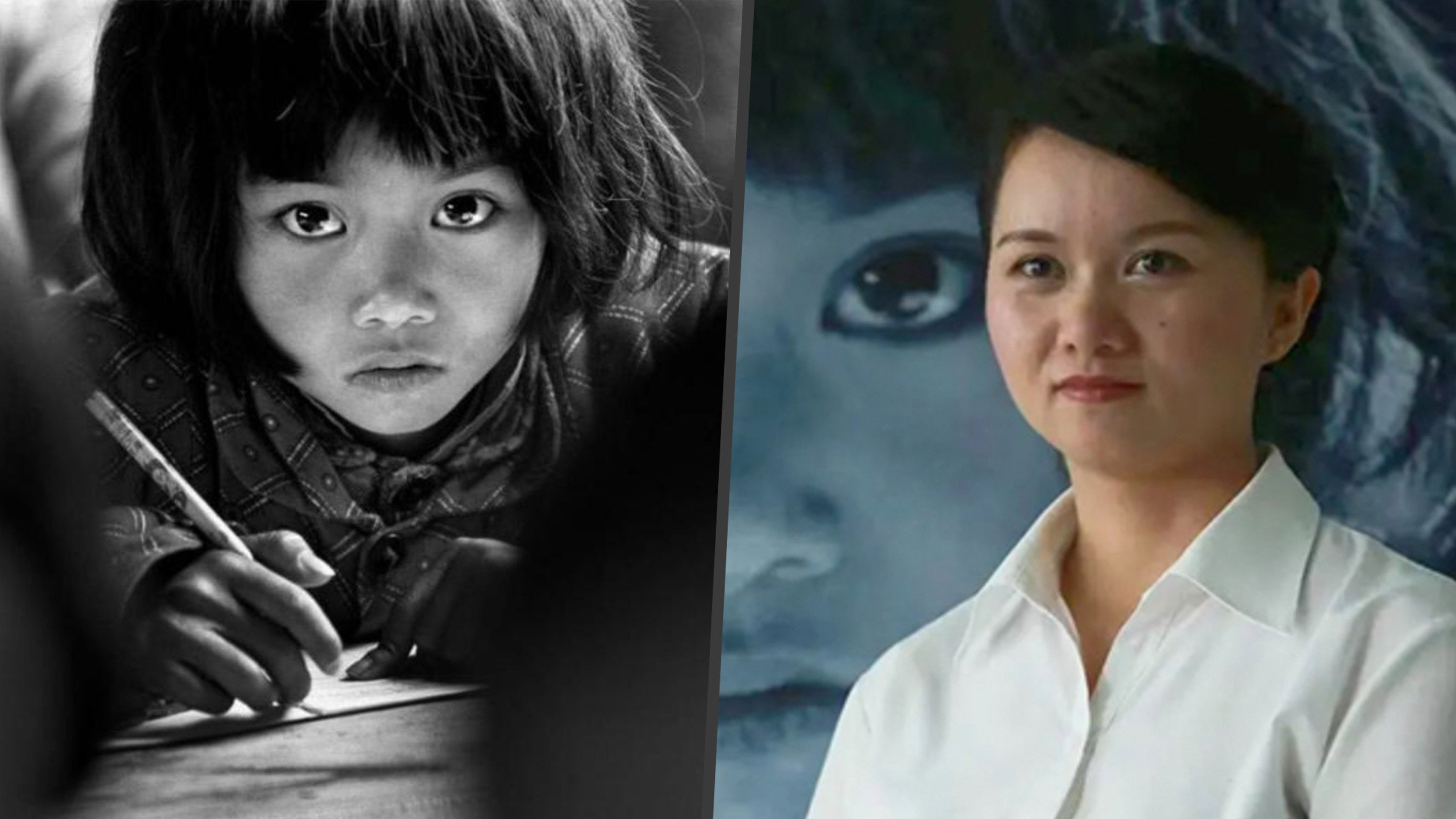 The iconic black-and-white photograph “Big Eyes,” taken by Xie Hailong in 1991, symbolises rural Chinese students' relentless pursuit of knowledge, profoundly impacting the life of the girl depicted. Photo: SCMP composite/Xinhua/namoc.cn