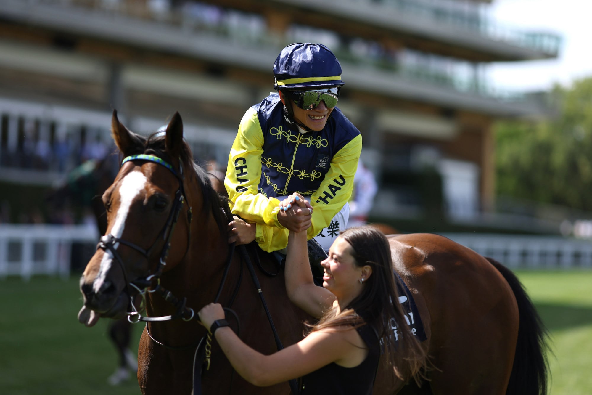 Jerry Chau celebrates his win on Tuco Salamanca after the Shergar Cup Dash. Photo: Handout Jerry Chau celebrates his win on Tuco Salamanca after the Shergar Cup Dash. Photo: Handout