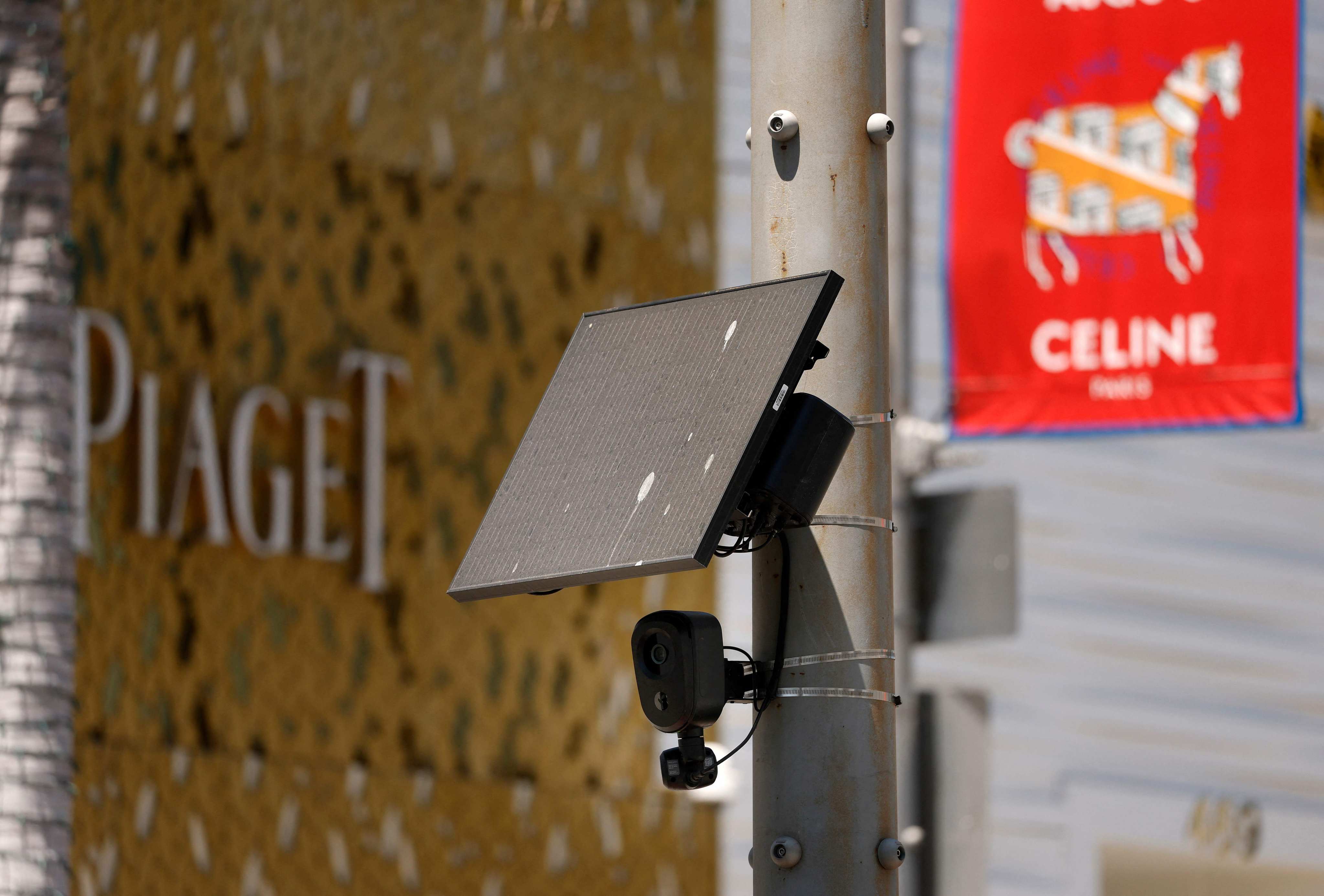 A Flock Safety camera is mounted to a light pole in Beverly Hills, California. Photo: Getty Images via AFP
