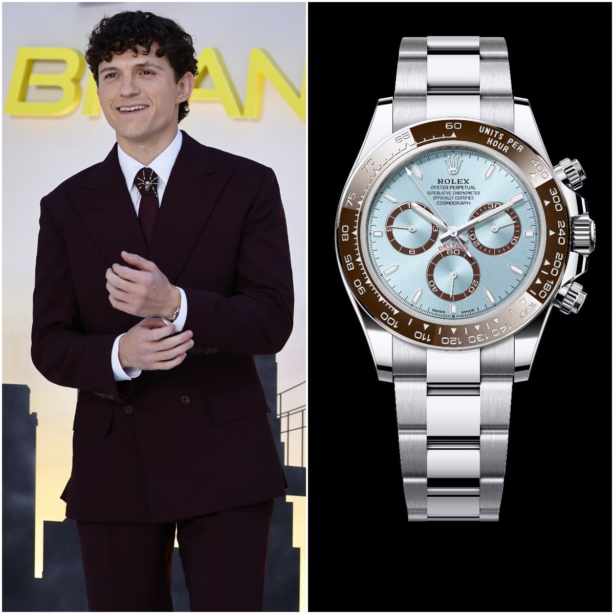 Tom Holland arrives for the UK premiere of Spider-Man: Brand New Day in London on July 29 (left); the Rolex Cosmograph Daytona Platinum (right). Photos: EPA; Handout
