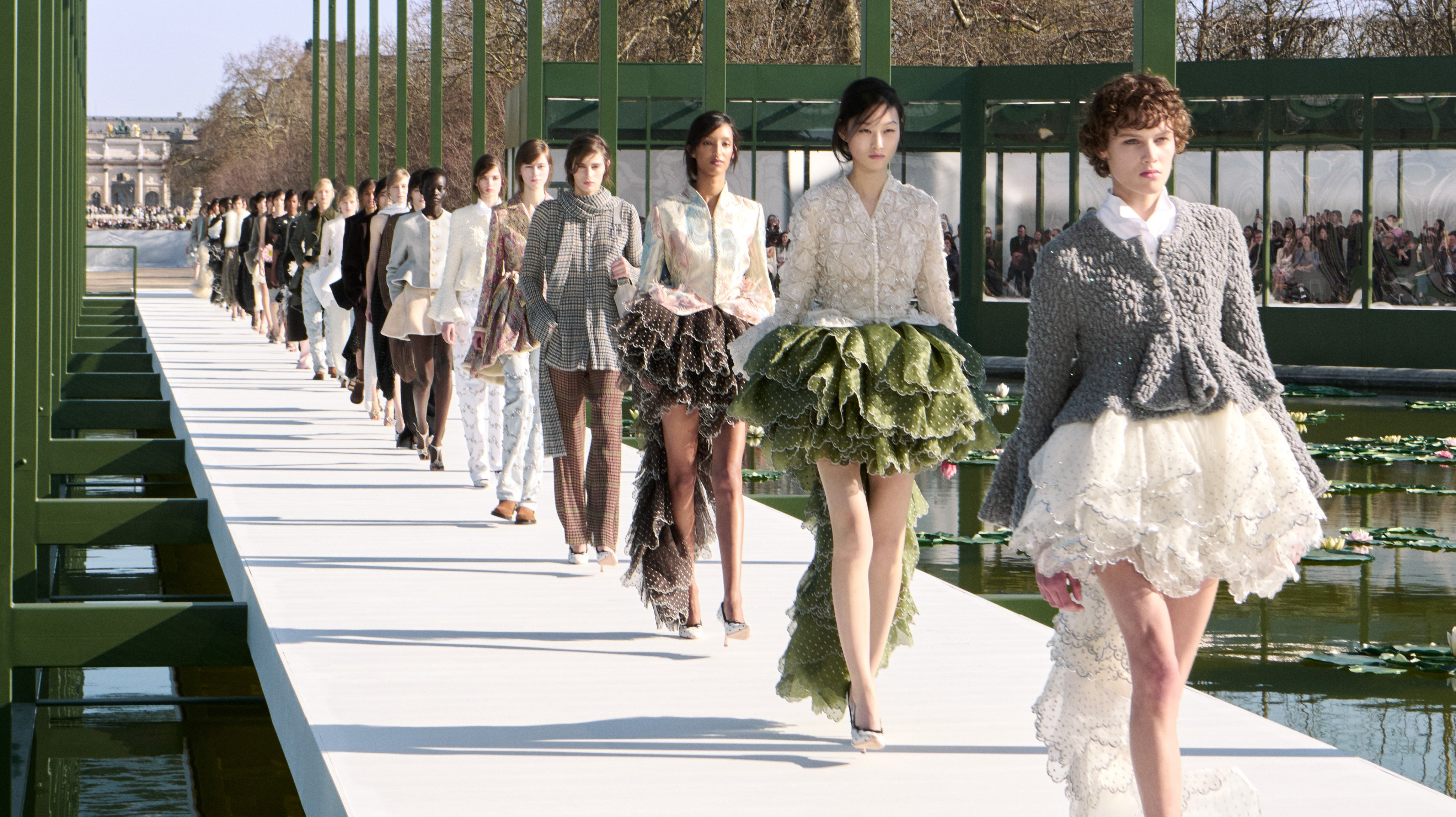 Jonathan Anderson's puffy mini skirts with long trains were the stars of Dior's fall/winter 2026-27 show held in the Tuileries Garden in Paris in March. Photo: Handout