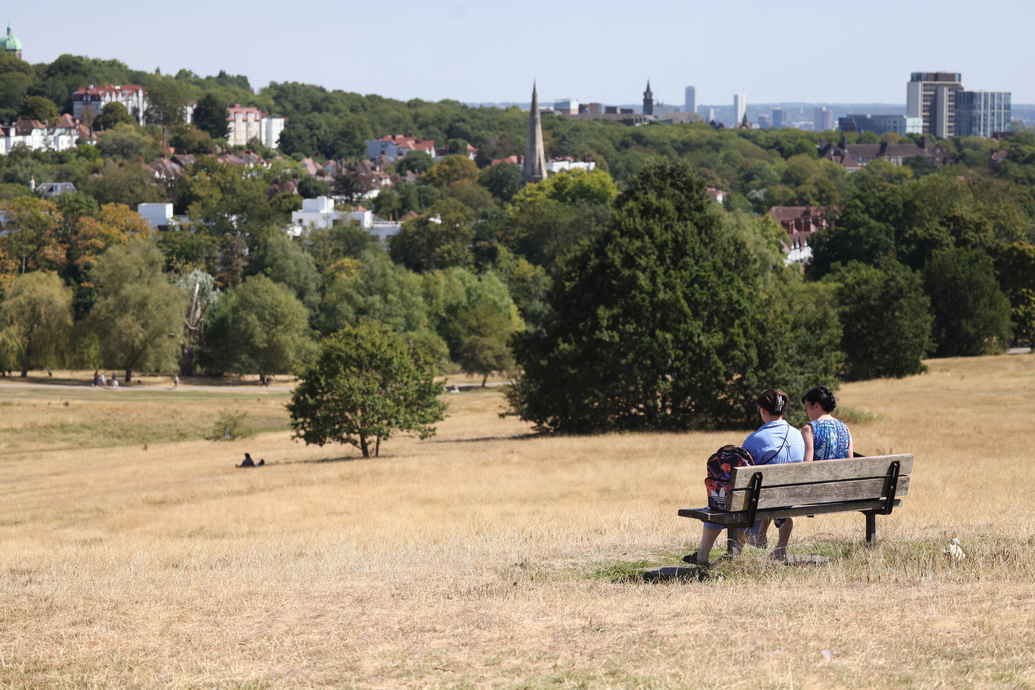 People sit on a bench in dry grass at Hampstead Heath in London, Britain, on Sunday. Photo: EPA