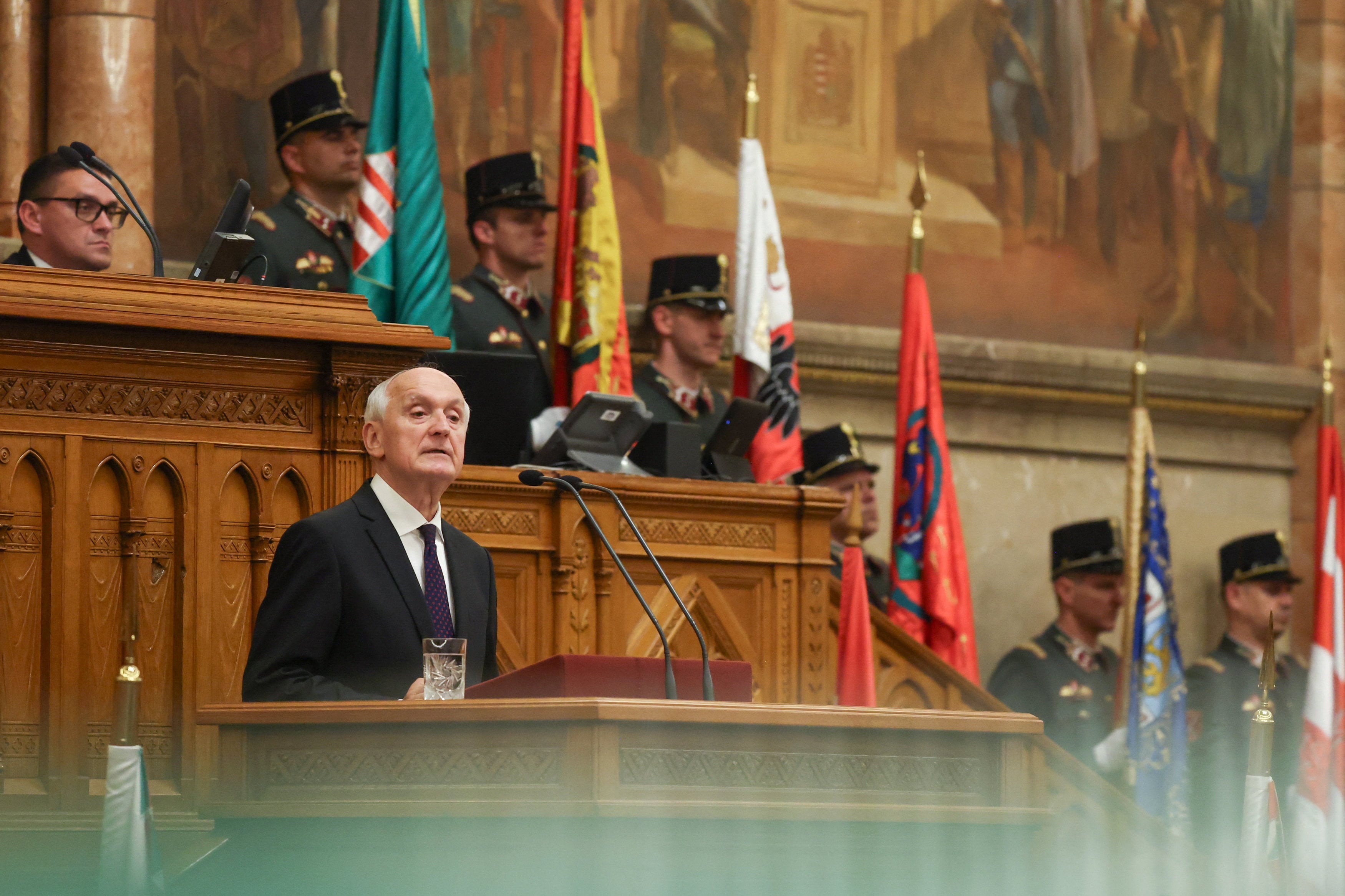 Hungary’s newly elected President Andras Baka delivers a speech after taking his oath of office at the parliament in Budapest, Hungary on Tuesday. Photo: Reuters