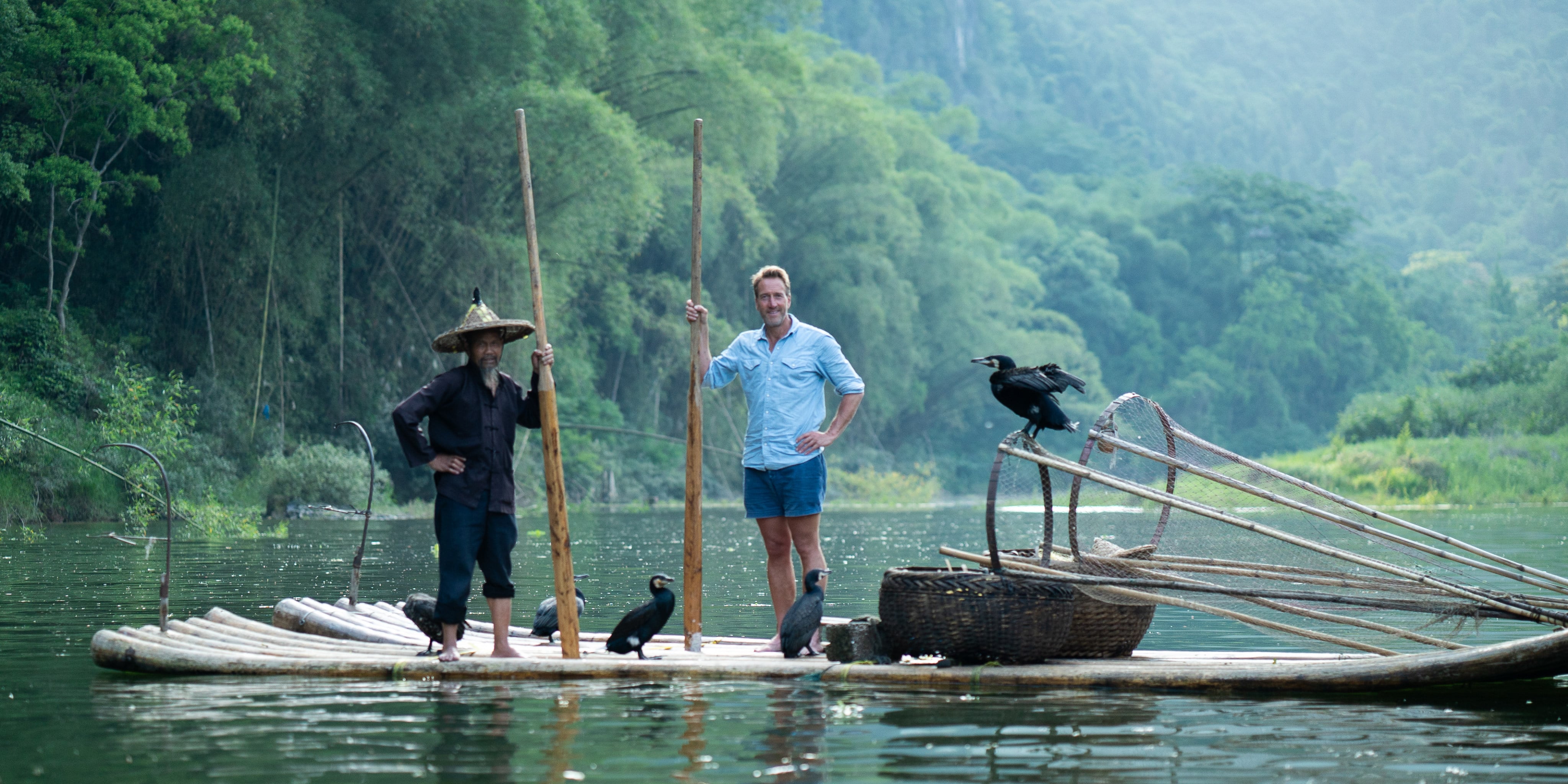 British presenter Ben Fogle meets a cormorant fisherman in Guilin. Photo: All3Media