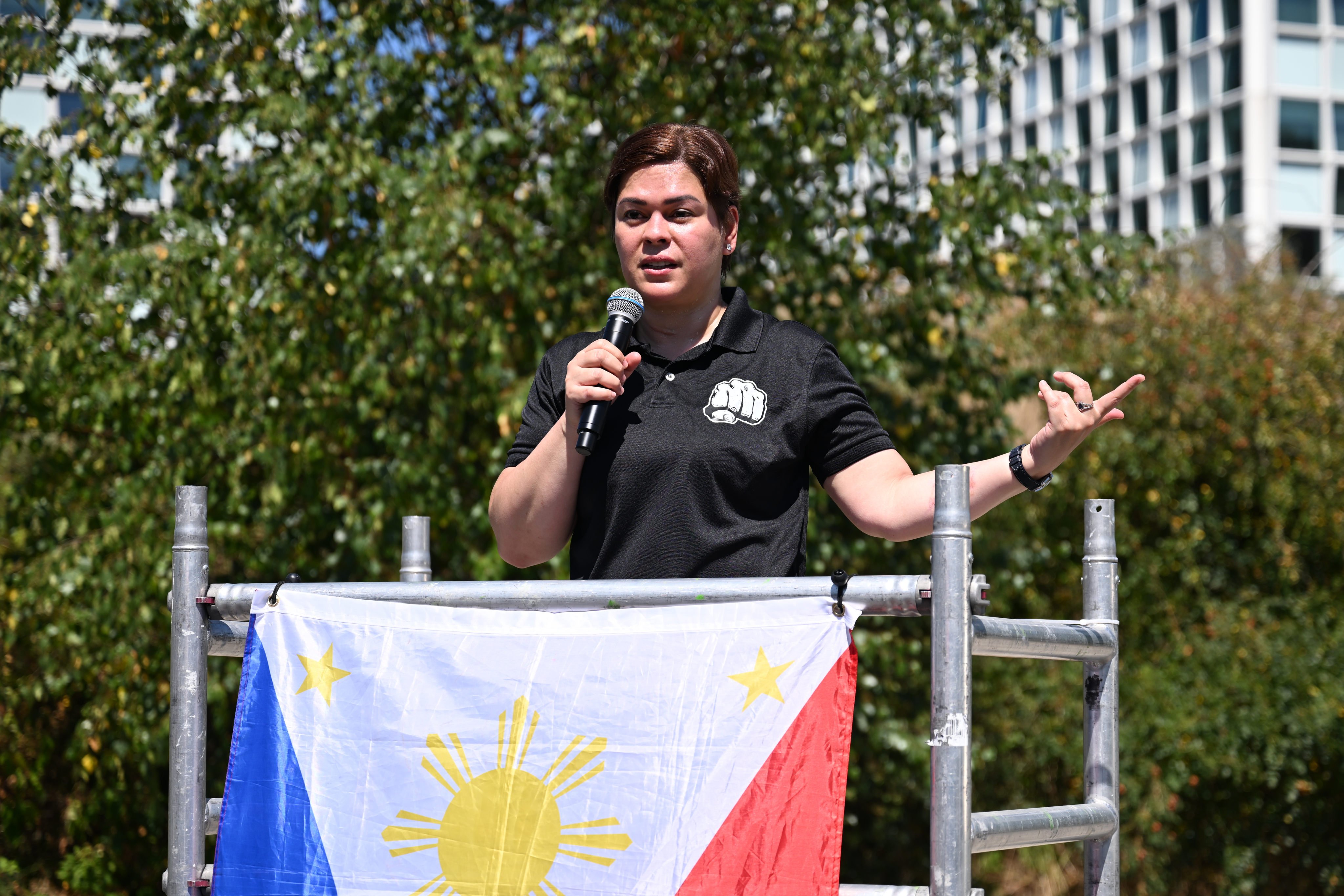Sara Duterte-Carpio, Philippine vice-president and daughter of former leader Rodrigo Duterte, speaks during a protest outside the International Criminal Court in The Hague in July. Photo: AP