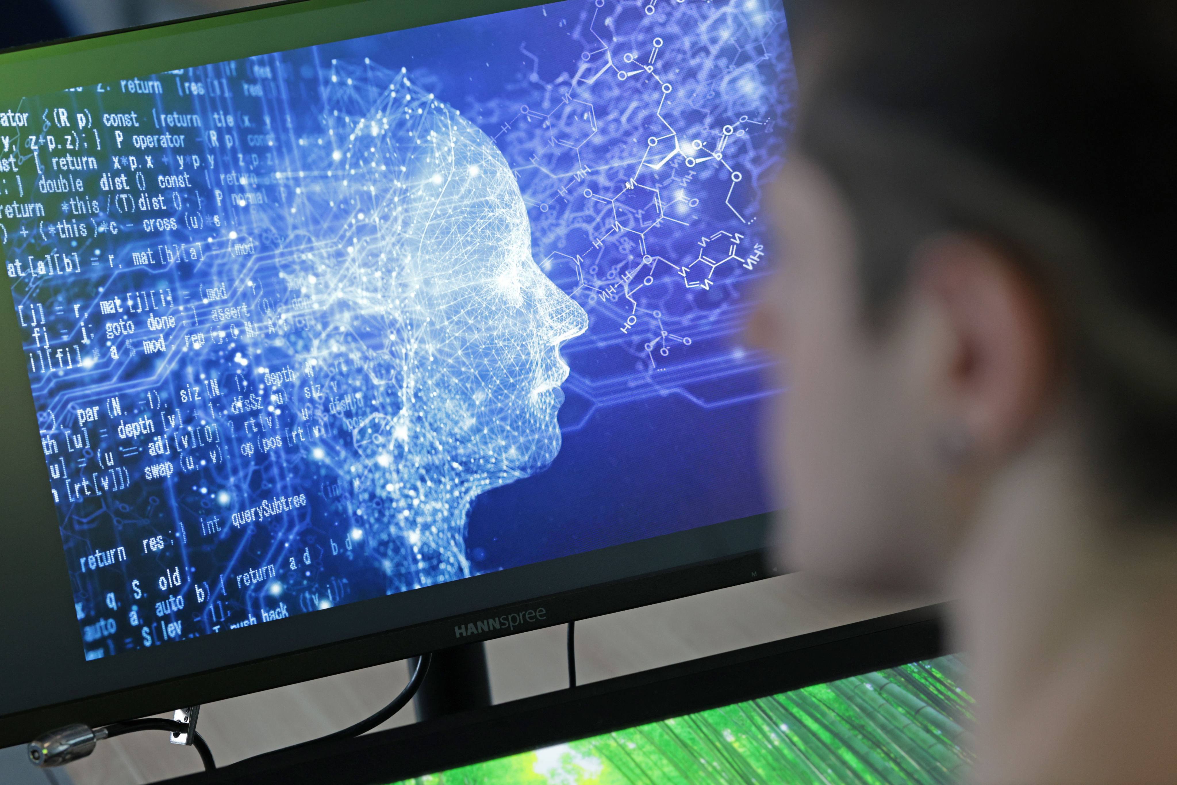 A man looks at a screen depicting a person made out of pixels. AI is affecting some jobs in Southeast Asia. Photo: dpa
