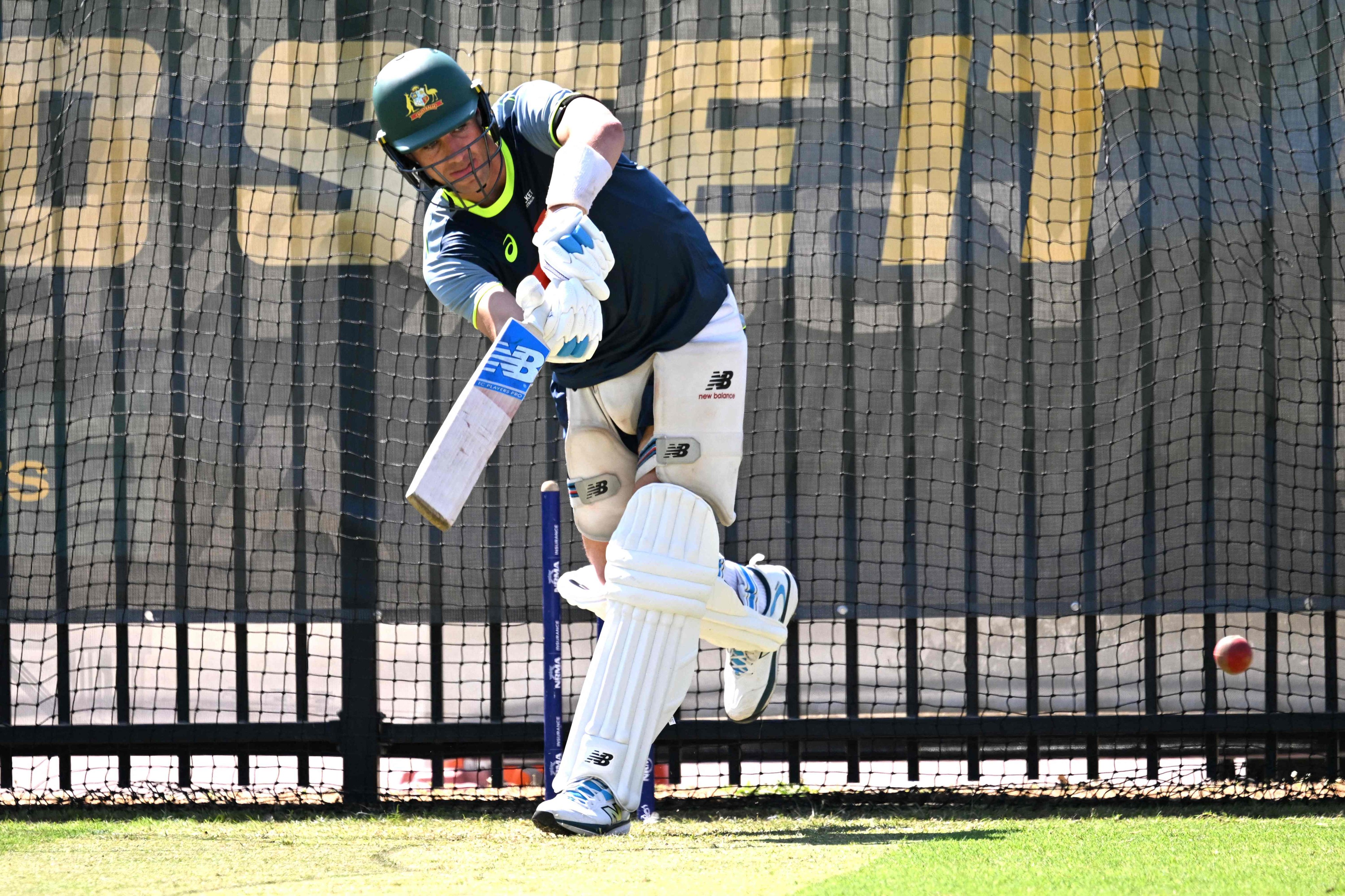 Australian captain Pat Cummins plays a shot during training at Marrara Oval in Darwin. Photo: AFP