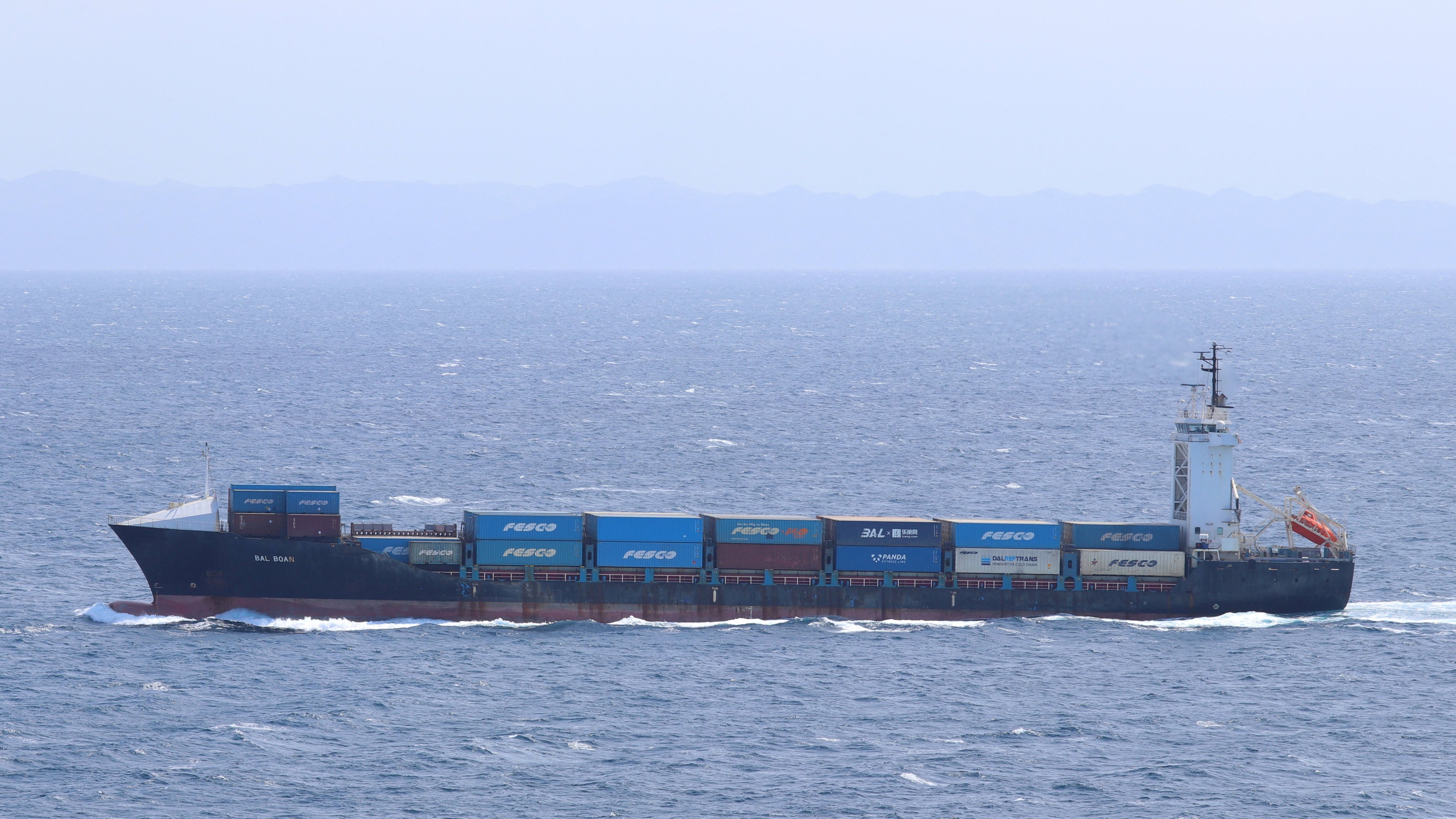 The Panama-flagged container ship M/V Vela Nova. On Tuesday, the US Navy said it had fired on the ship after it attempted to break the US blockade of Iran’s ports. Photo: Vladimir Tonic / Handout via Reuters