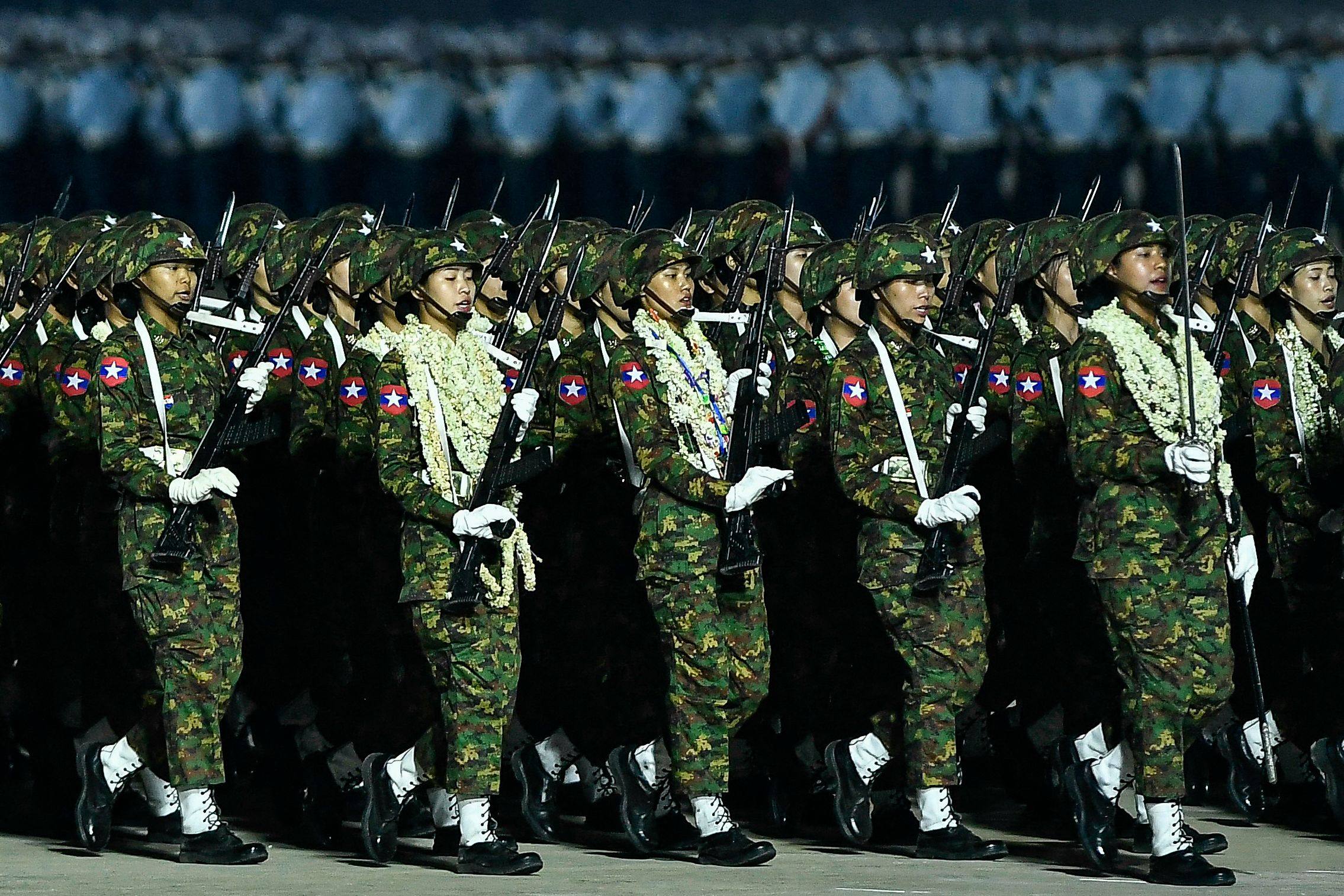 Myanmar’s soldiers parade at a ceremony to mark the country’s Armed Forces Day in Naypyidaw in 2024. Photo: AFP