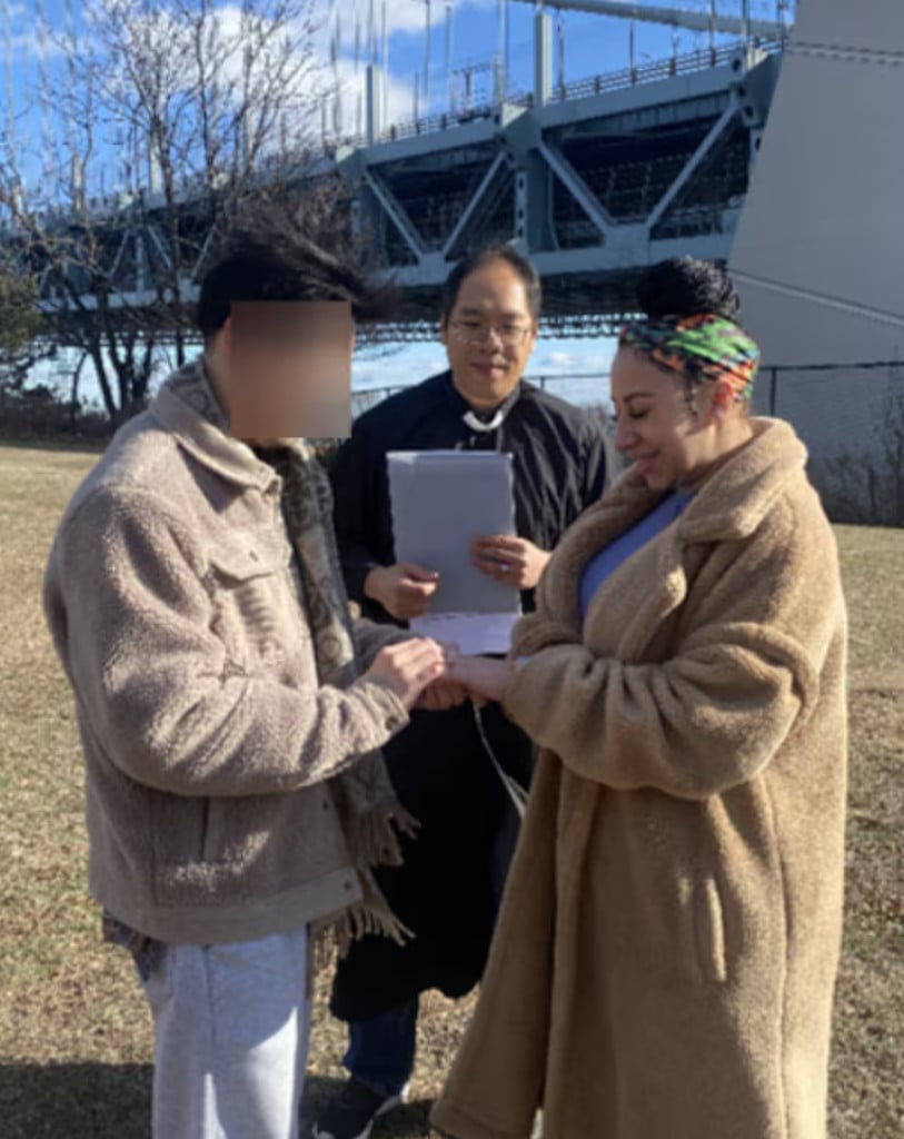 In an image from the US federal court indictment, a foreign national (left), Anthony Cheng (centre) and Erika Johnson take part in a sham marriage ceremony on or about January 15, 2025. Photo: Handout