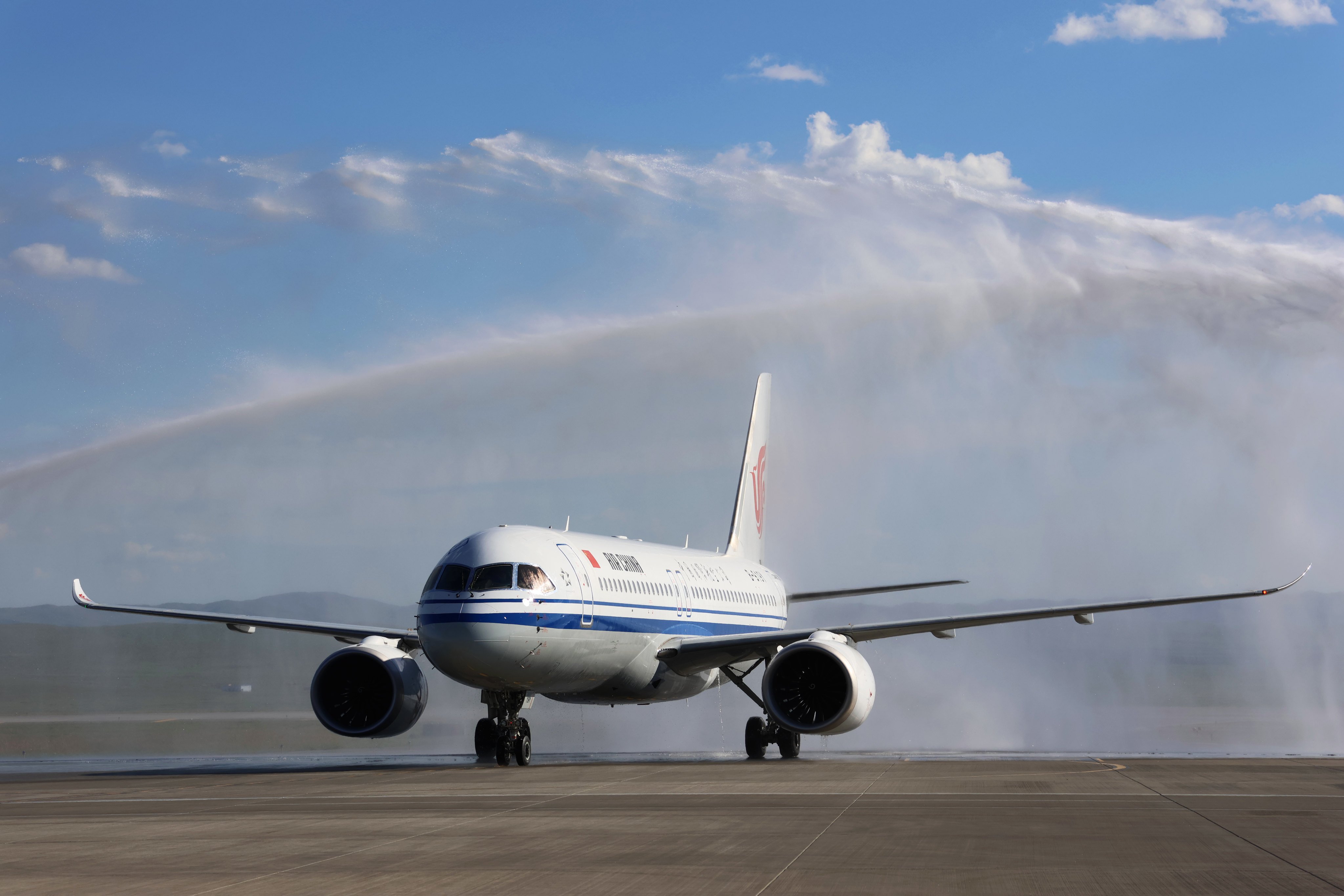China’s domestically developed C919 large passenger aircraft lands at Chinggis Khaan International Airport, Mongolia. Photo: Xinhua