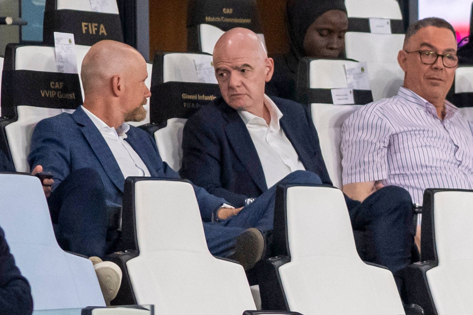 Fifa president Gianni Infantino (centre) speaks to Fifa secretary general Mattias Grafstrom, with Moroccan Royal Football Federation Fouzi Lekjaa (right) during a game in Rabat. Photo: AP
