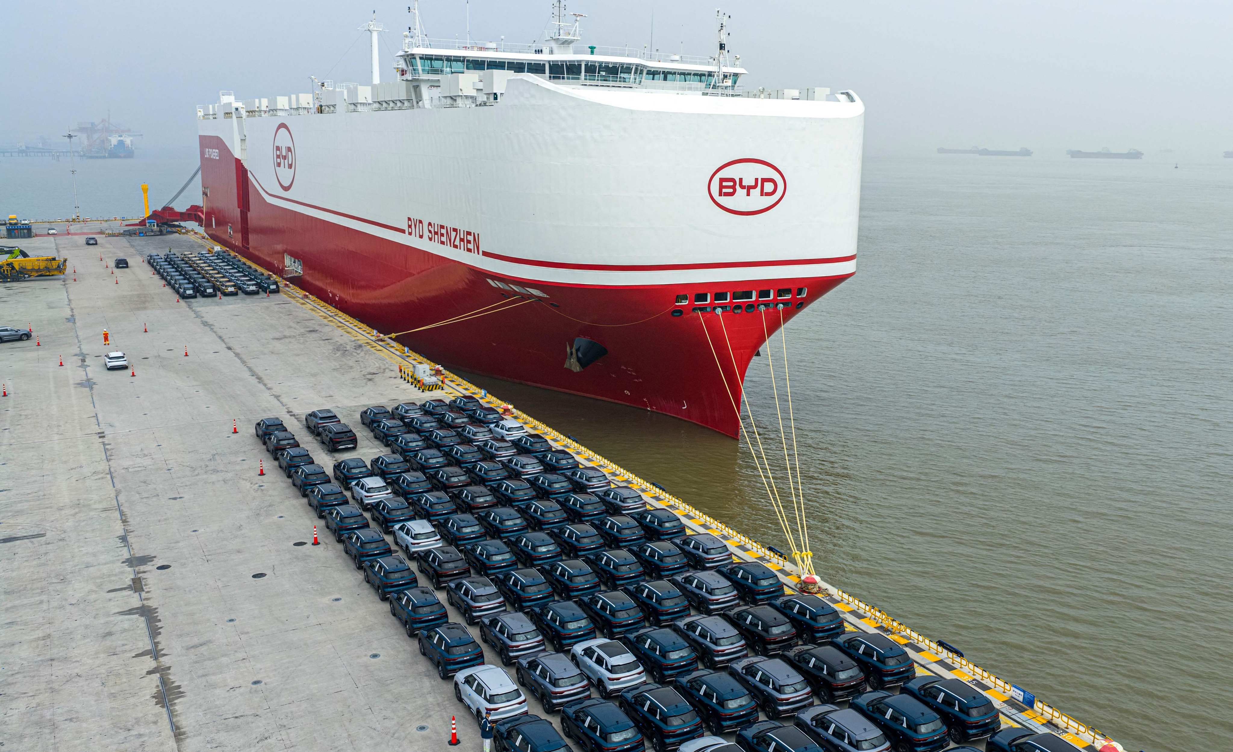 Cars destined for export await loading onto BYD’s Shenzhen car carrier at the port in Suzhou, Jiangsu province, in April. Photo: AFP