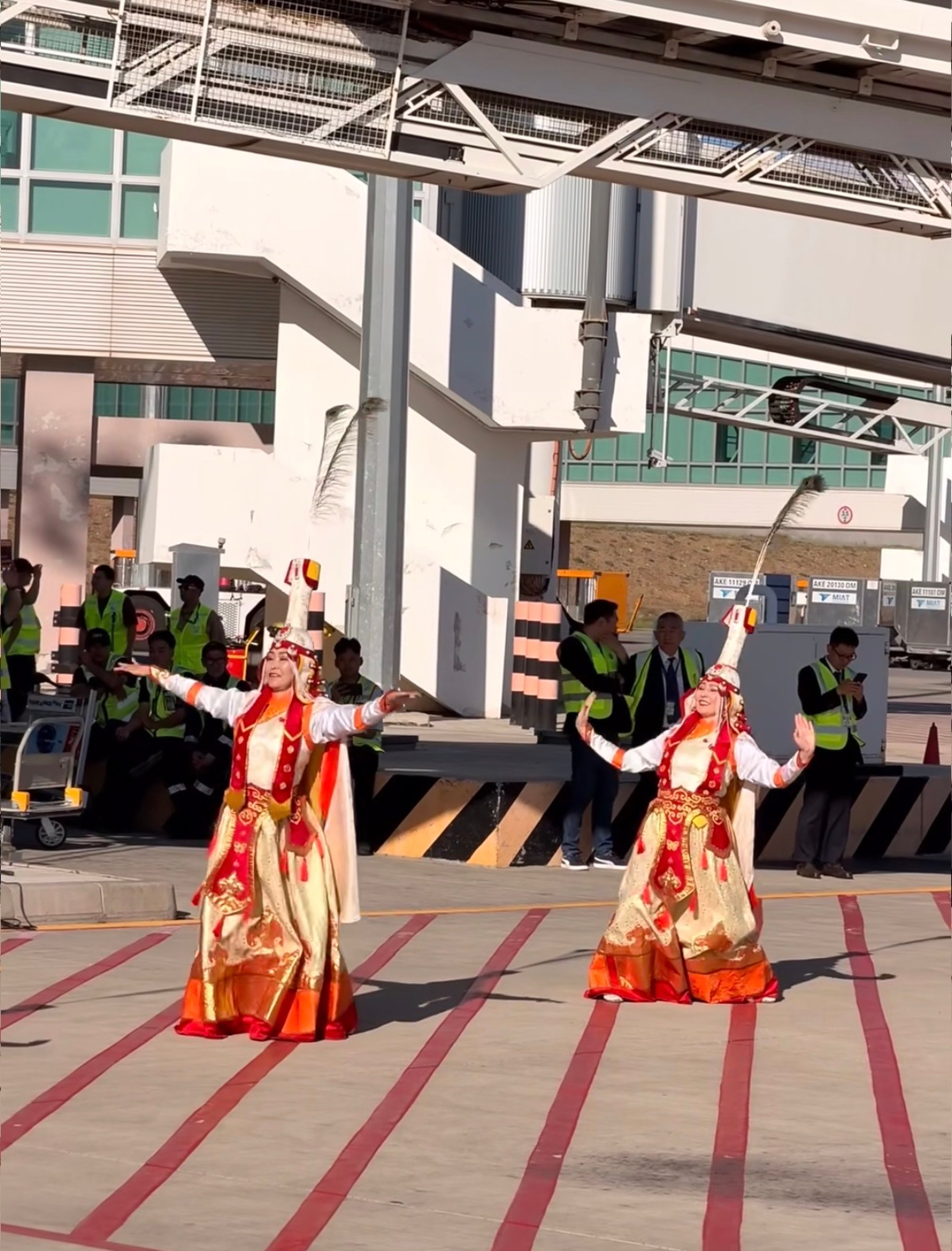 Dancers welcome the C919 in Ulaanbaatar. Photo: Howard Deng