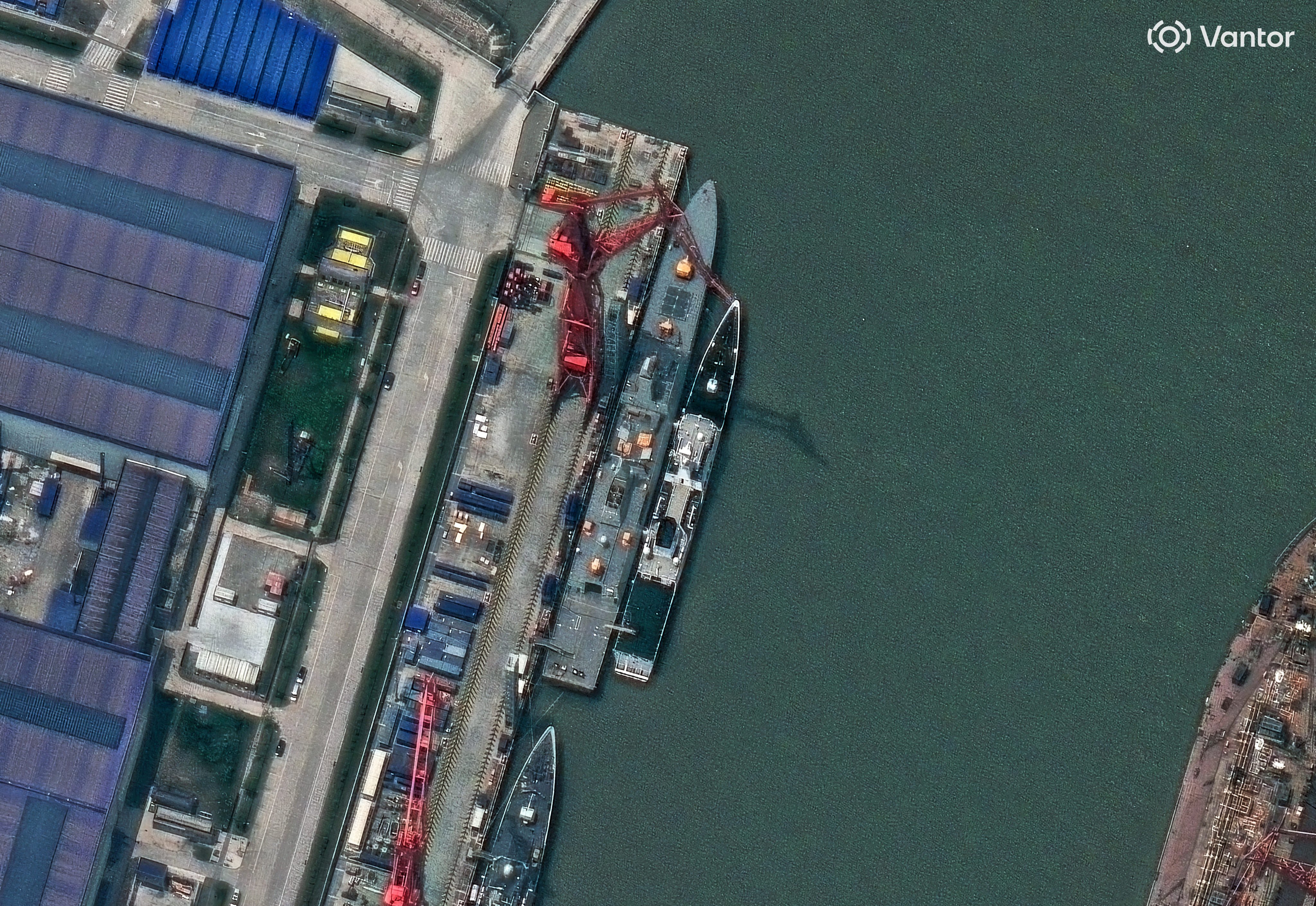 New satellite imagery appears to show the vertical launch system at the bow of a Type 054B vessel has a different shape to the first two Type 054B vessels that have entered service. Photo: Satellite image ©2026 Vantor