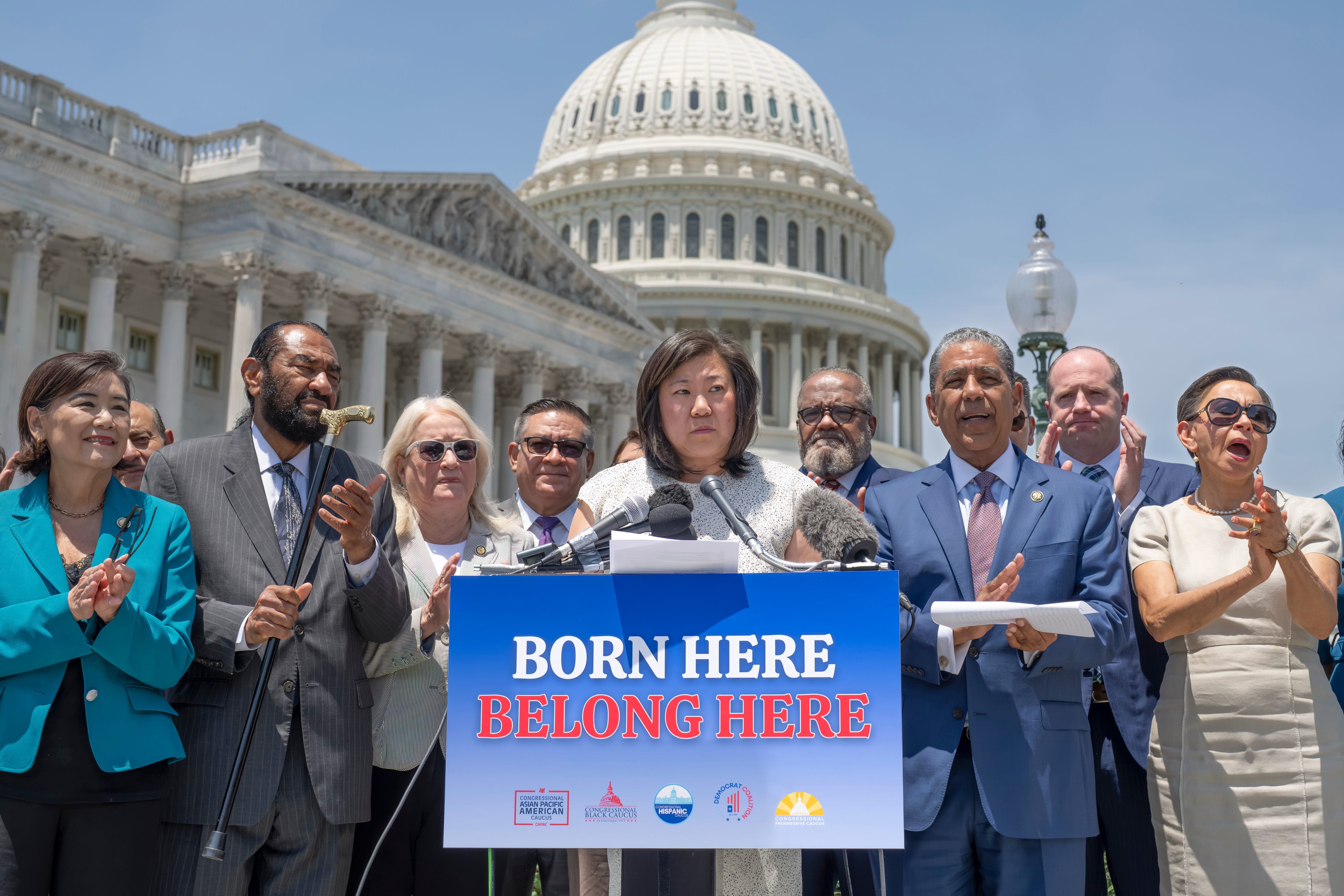 Grace Meng (centre), chair of the Congressional Asian Pacific American Caucus, and other Democratic House members react to the US Supreme Court’s decision on June 30 to block an executive order by the Trump administration targeting birthright citizenship. Photo: AP