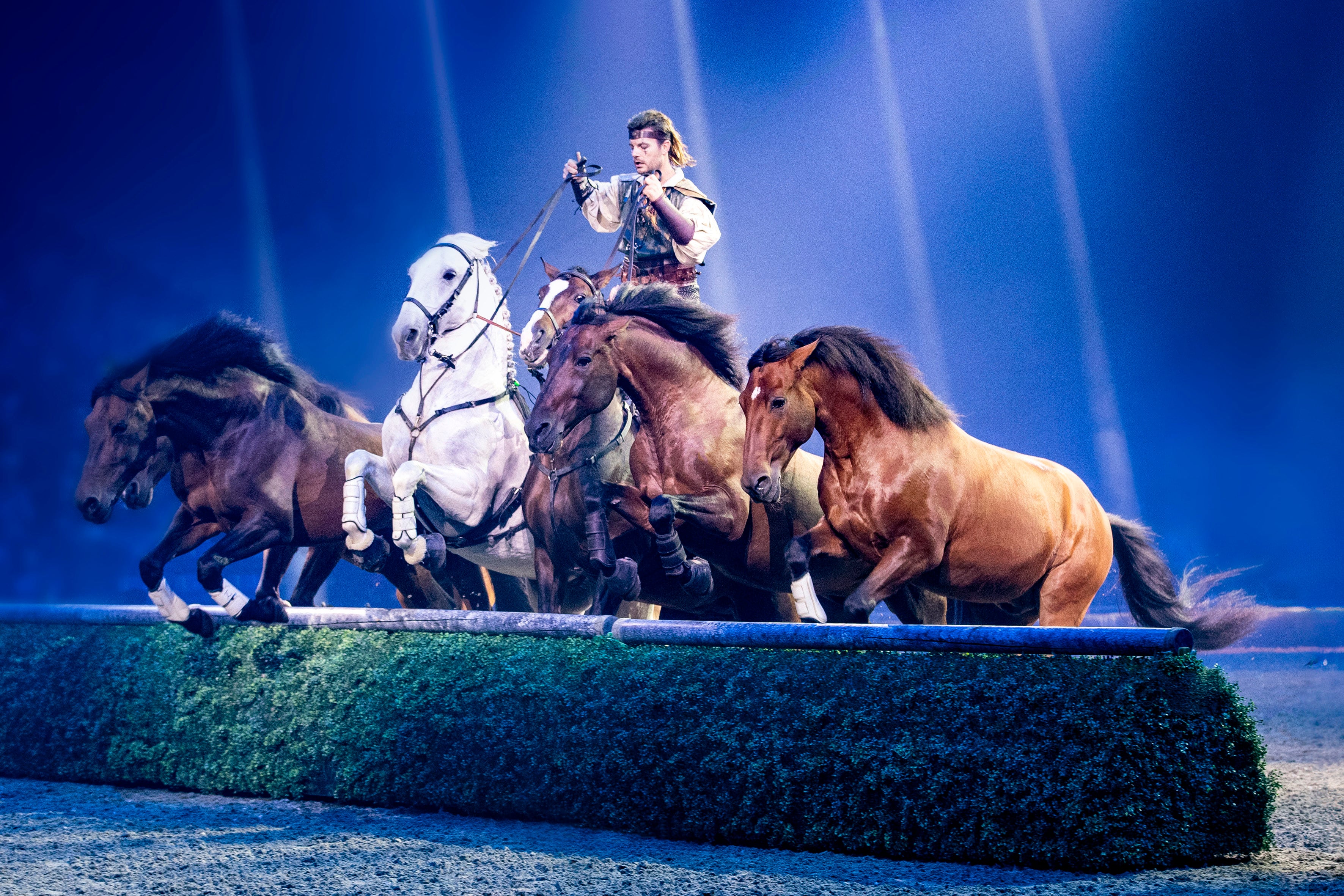 A rider performs the Hungarian Post stunt during a Cavalluna – Gate to the Otherworld show. Photo: courtesy Cavalluna