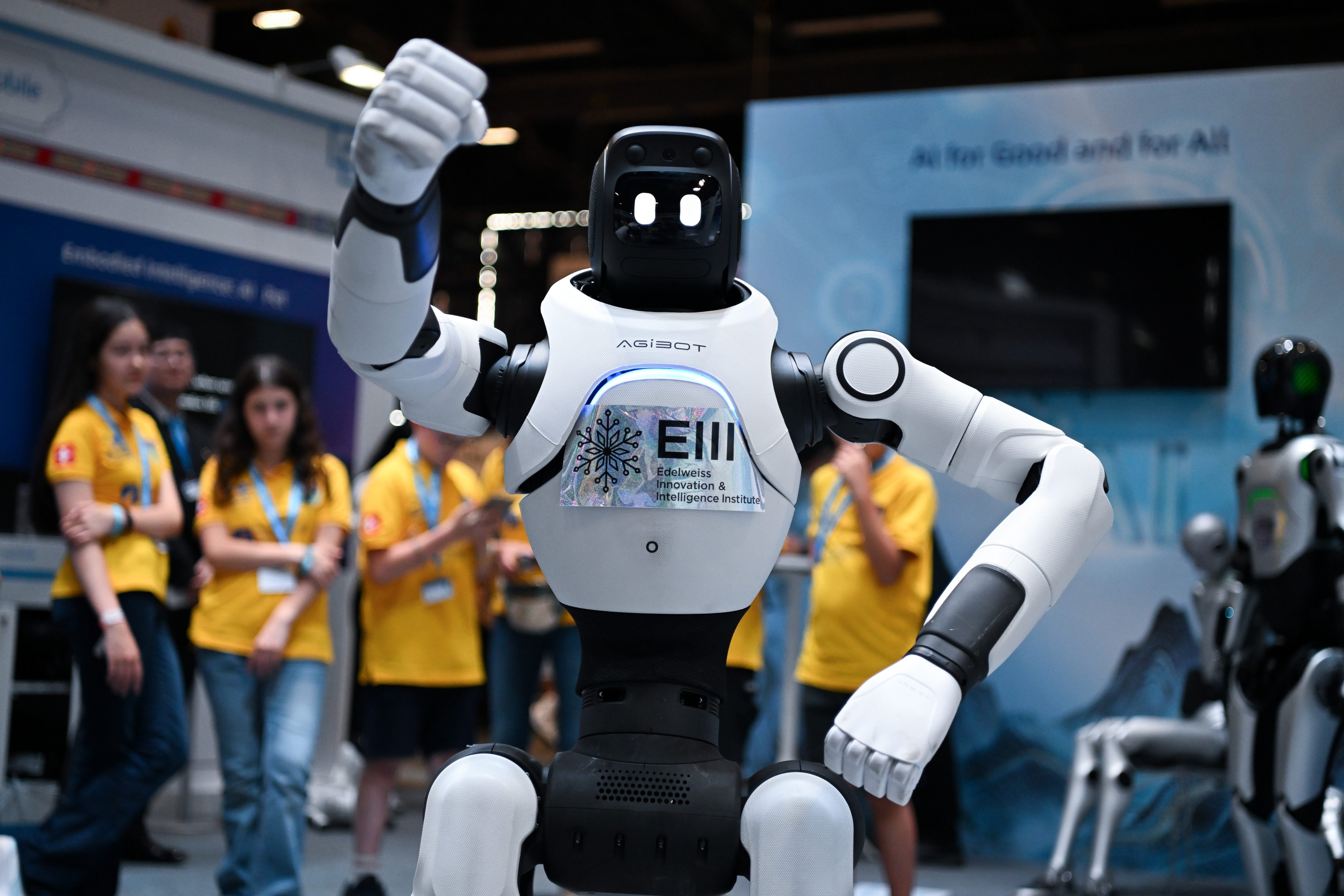 A robot made by Chinese company AgiBot dances at the AI for Good Global Summit in Geneva, Switzerland, on July 7. Photo: Xinhua