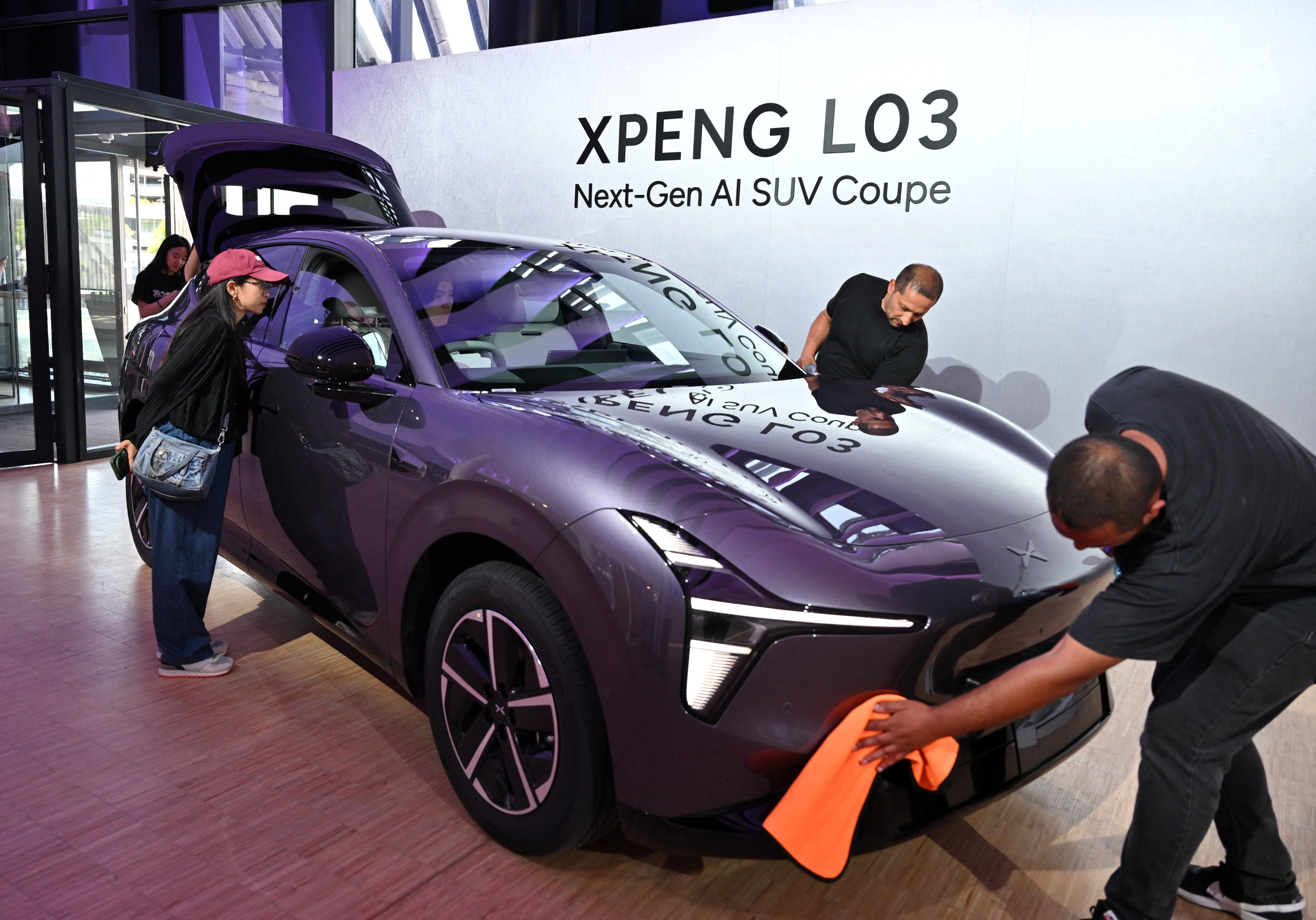 The XPENG L03, which has a plug-in hybrid option, on display during the car’s launch event in Munich, Germany. Photo: Reuters