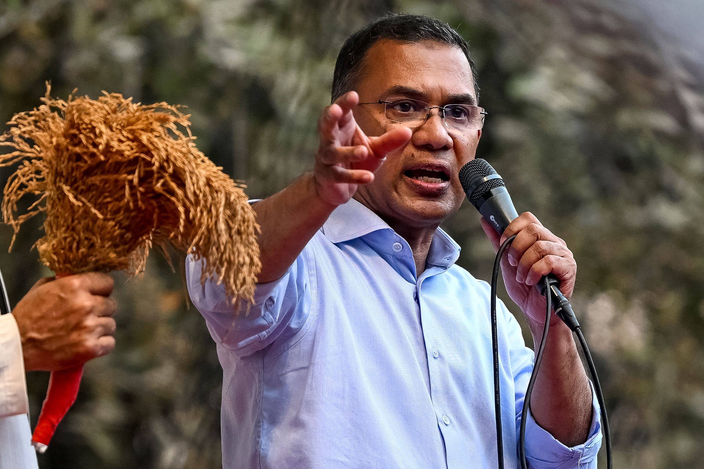 Tarique Rahman addresses an election rally ahead of the country’s general election in Dhaka on February 8. Photo: AFP