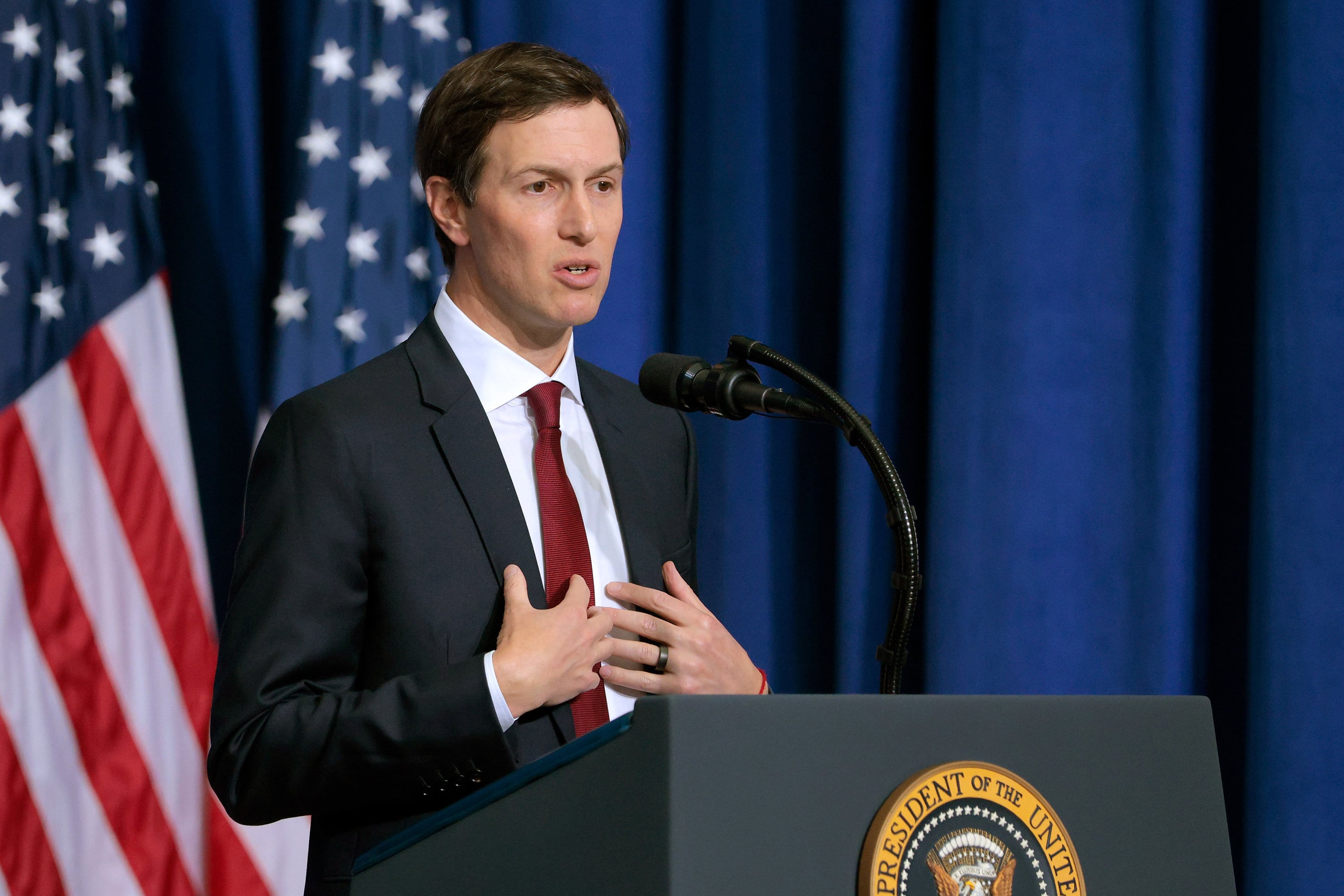 Jared Kushner speaks during the inaugural meeting of the Board of Peace at the Donald J. Trump Institute of Peace in Washington, D.C. on February 19. Photo: TNS